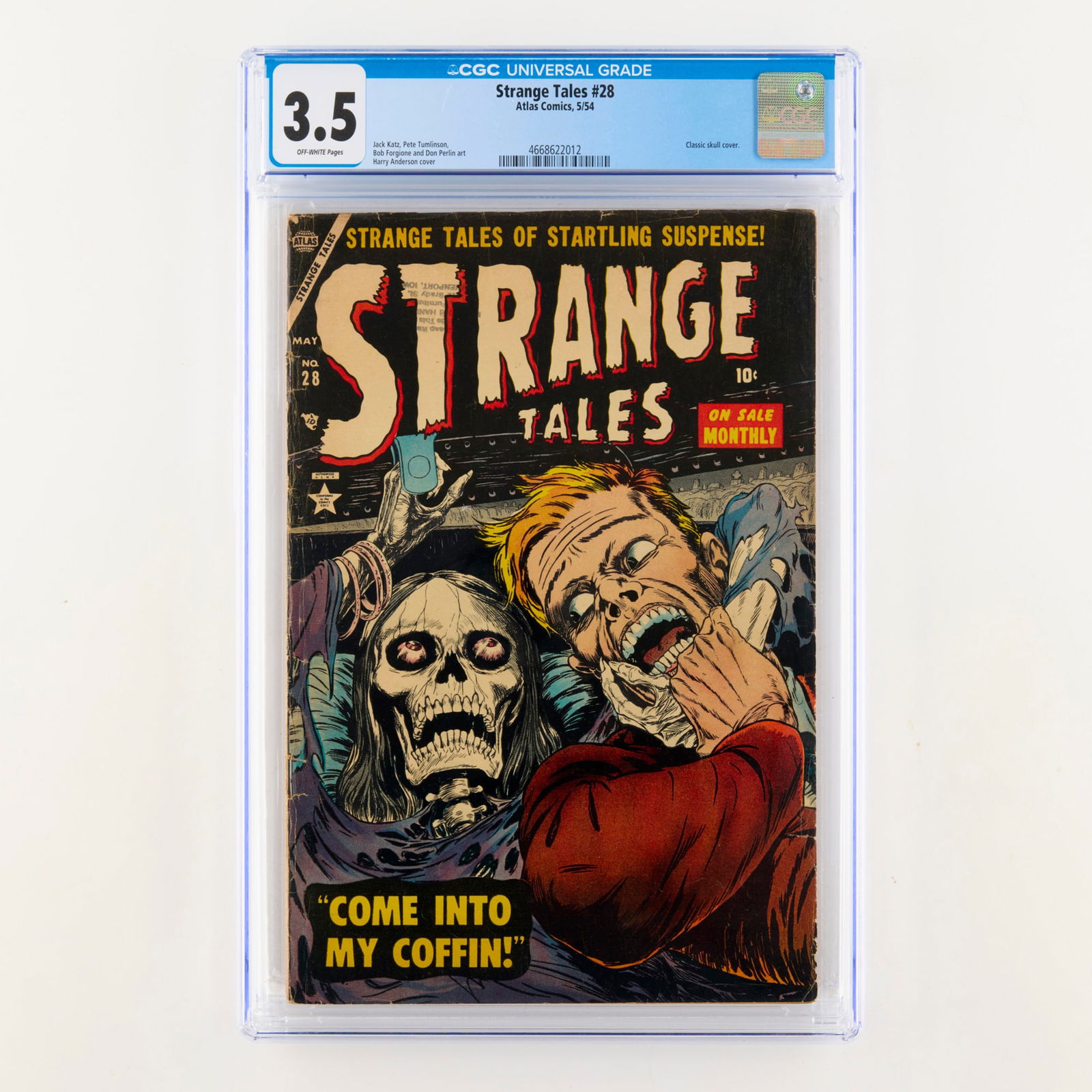 Atlas Comics Strange Tales #28 CGC 3.5: Atlas Comics Strange Tales #28 CGC 3.5 USA, 1954 This pre-Code Golden Age horror classic is renowned for its classic skull cover by Harry Anderson. The interior features macabre storytelling with art