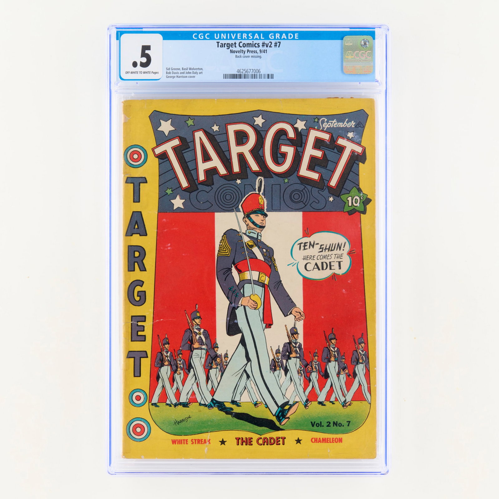 Novelty Press Target Comics v2 #7 CGC 0.5: Novelty Press Target Comics v2 #7 CGC 0.5 USA, 1941 Issue features art by Sid Greene, Basil Wolverton, Bob Davis and John Daly, with cover by George Harrison. CGC#: 4625677006 Population