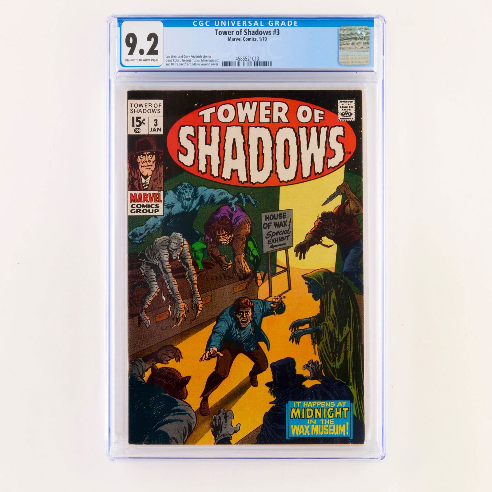 Marvel Comics Tower of Shadows #3 CGC 9.2: Marvel Comics Tower of Shadows #3 CGC 9.2 USA, 1970 A Silver Age horror anthology featuring a striking Marie Severin cover. The issue includes stories by Len Wein and Gary Friedrich, and art by Gene C