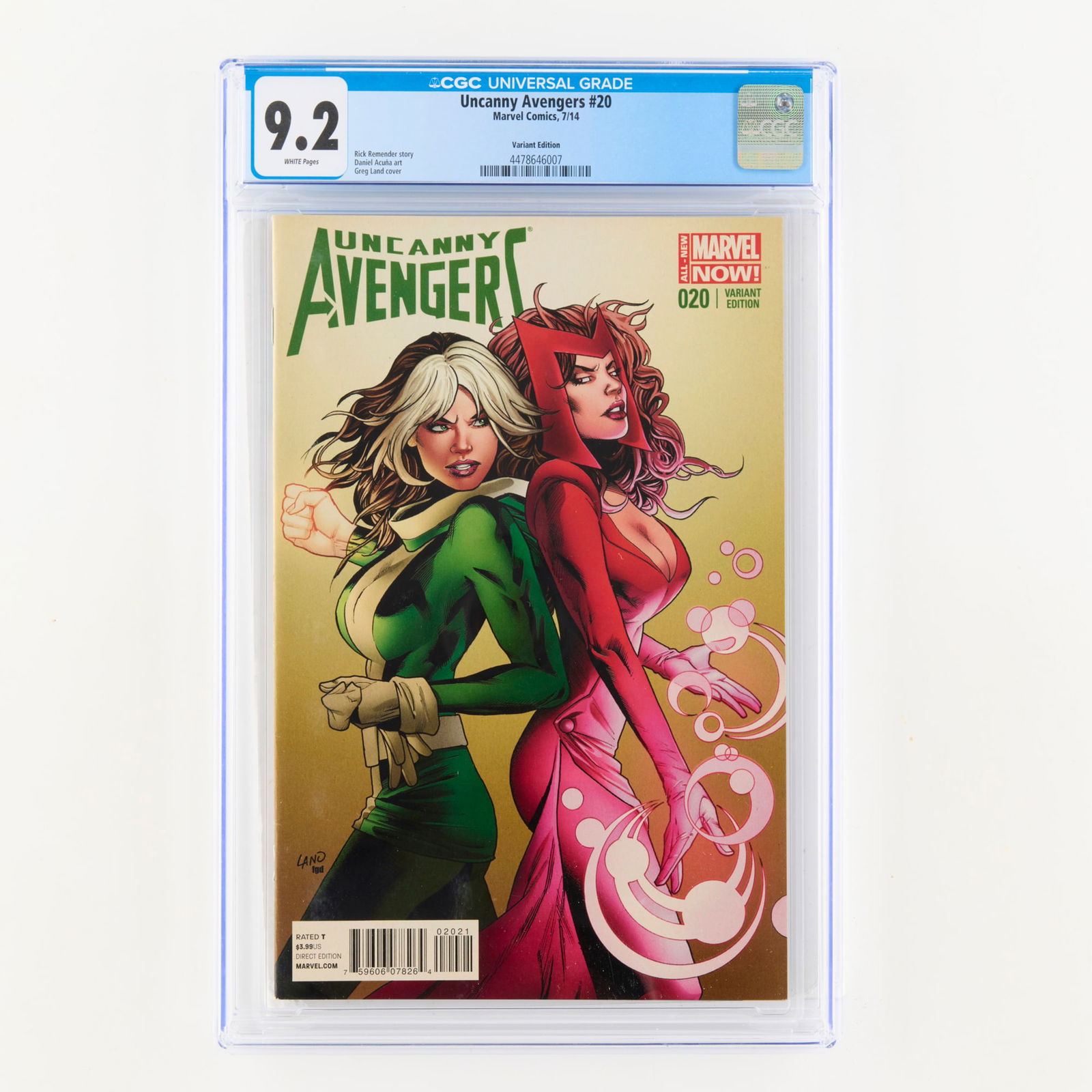 Marvel Comics Uncanny Avengers #20 CGC 9.2 Variant Edition: Marvel Comics Uncanny Avengers #20 CGC 9.2 Variant Edition USA, 2014 Issue features story by Rick Remender, art by Daniel Acuna art, and cover by Greg Land. CGC#: 4478646007 Population: