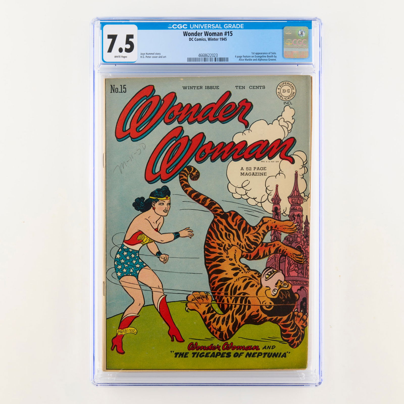 DC Comics Wonder Woman #15 CGC 7.5: DC Comics Wonder Woman #15 CGC 7.5 USA, 1945 This high-grade Golden Age issue introduces Solo for the first time. The book features a script by Joye Hummel and classic H.G. Peter art, plus a real-life