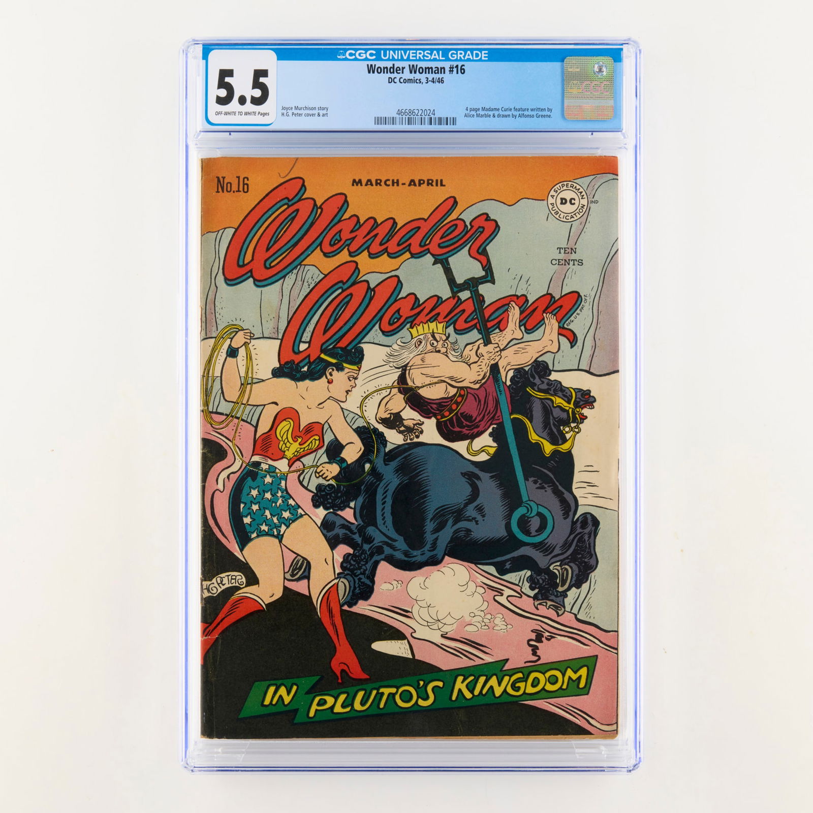 DC Comics Wonder Woman #16 CGC 5.5: DC Comics Wonder Woman #16 CGC 5.5 USA, 1946 Written by Joyce Murchison during the Golden Age, this issue continues the tradition of featuring heroic women with a Madame Curie biography. The iconic vi