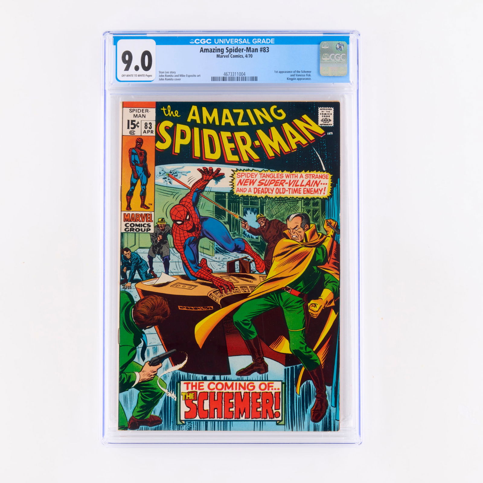 Marvel Comics Amazing Spider-Man #83 CGC 9.0: Marvel Comics Amazing Spider-Man #83 CGC 9.0 USA, 1970 This Bronze Age key features the first appearance of the Schemer and Vanessa Fisk. Written by Stan Lee, it includes art and a cover by the legend