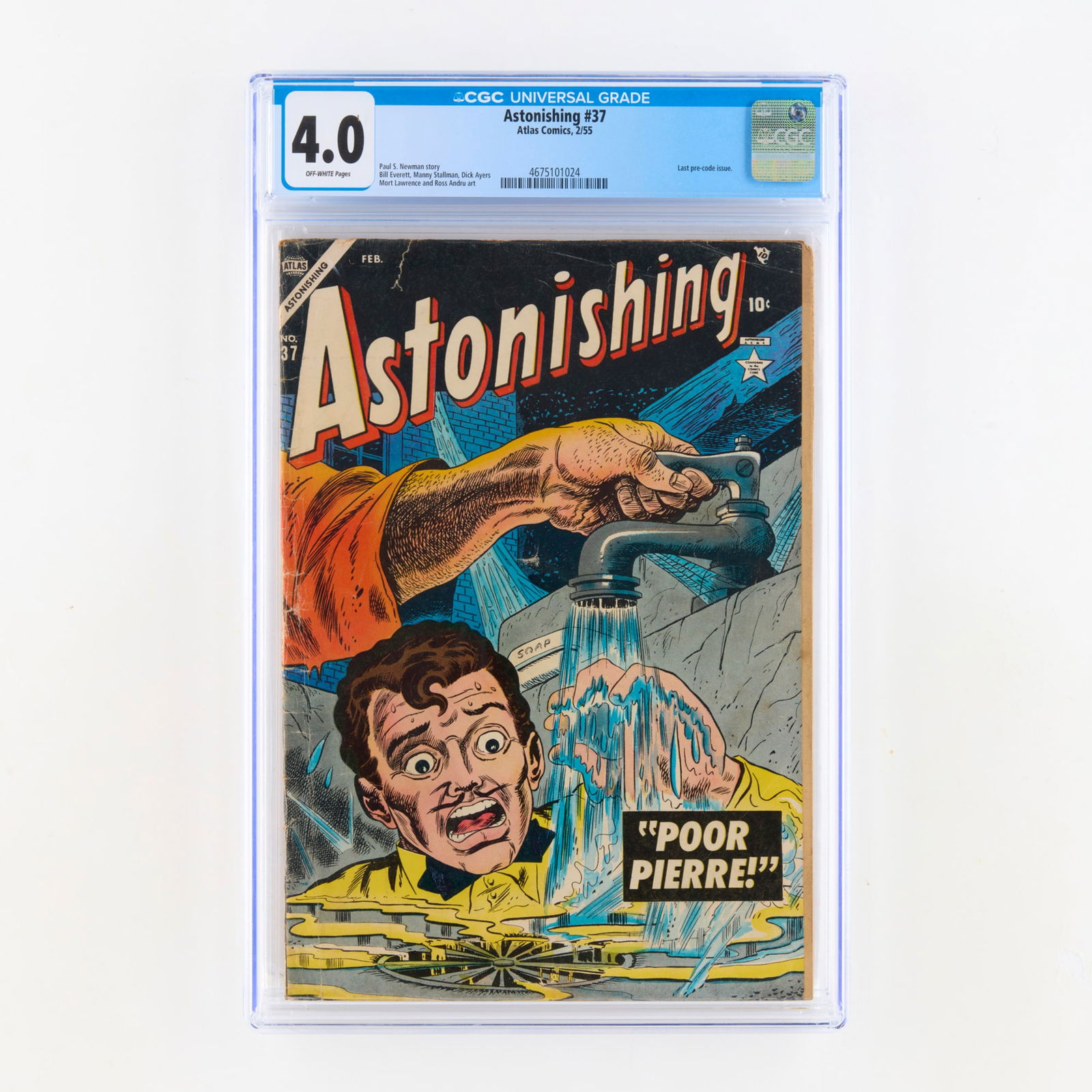Atlas Comics Astonishing #37 CGC 4.0: Atlas Comics Astonishing #37 CGC 4.0 USA, 1955 This historic issue marks the last pre-code issue of the series. The Golden Age book features a story by Paul S. Newman with art by Bill Everett and Ross