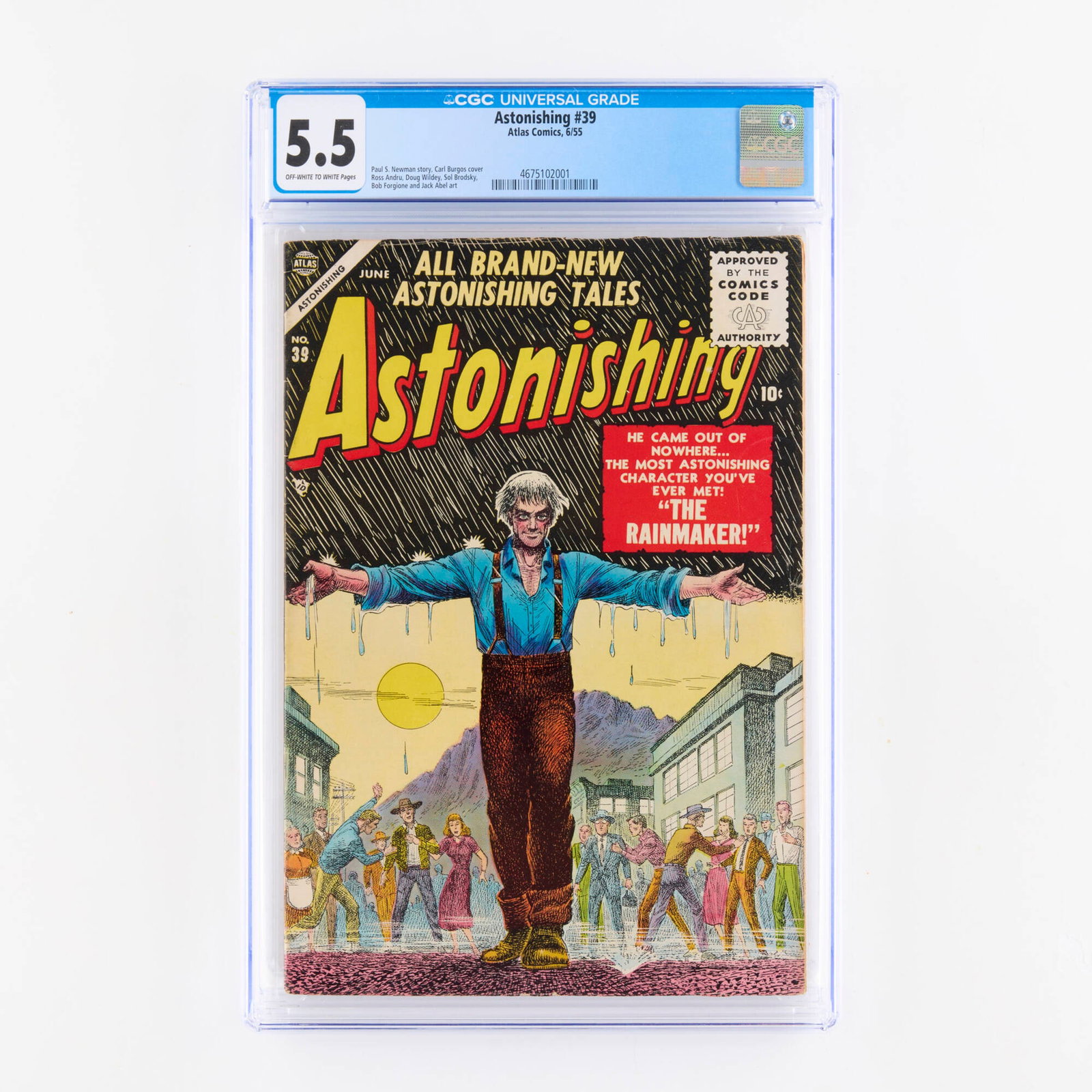 Atlas Comics Astonishing #39 CGC 5.5: Atlas Comics Astonishing #39 CGC 5.5 USA, 1955 Carl Burgos provides the cover for this Golden Age anthology featuring a Paul S. Newman story. Illustrators include Ross Andru, Doug Wildey, and Sol Brod