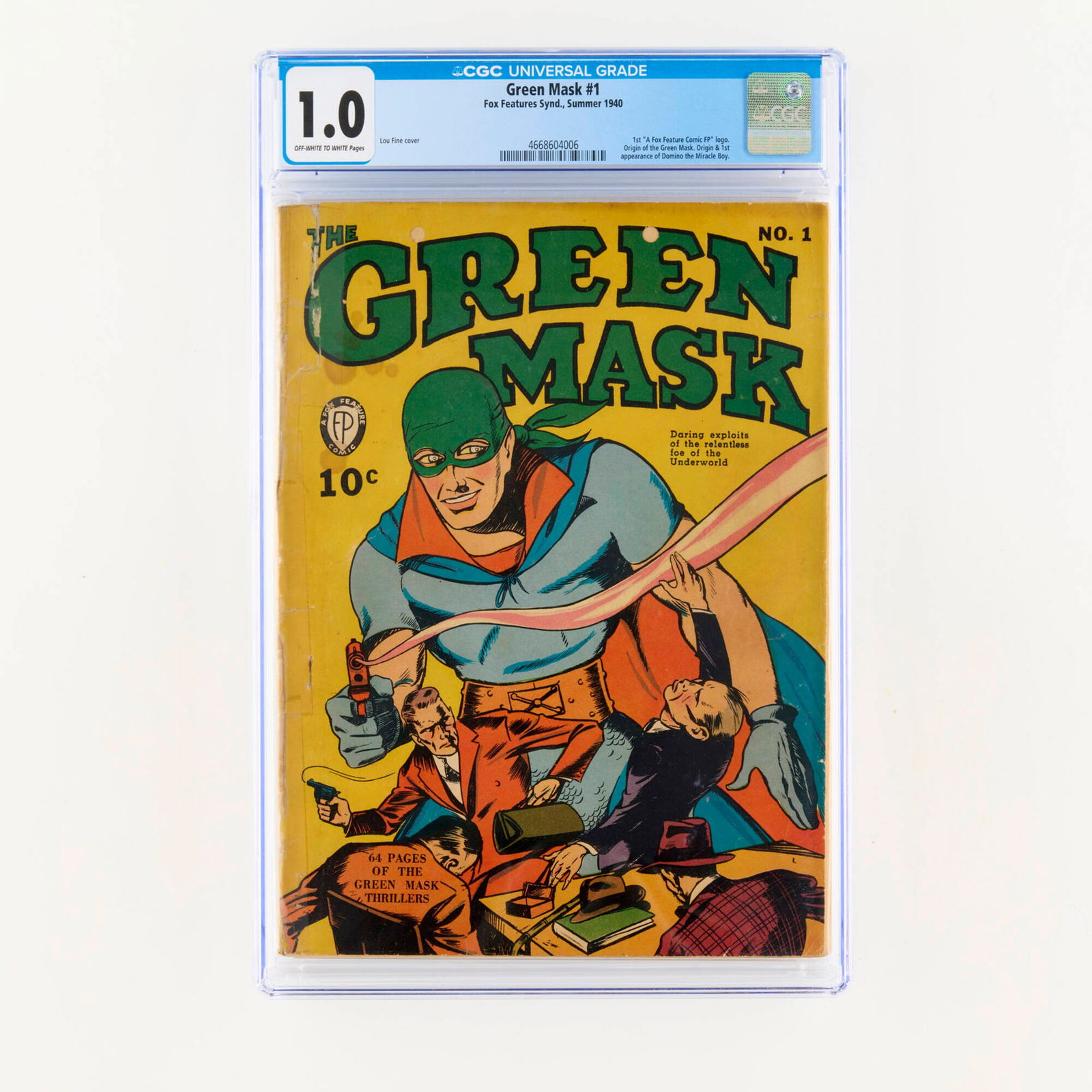 Fox Features Synd. Green Mask #1 CGC 1.0: Fox Features Synd. Green Mask #1 CGC 1.0 USA, 1940 A major Golden Age rarity featuring the origin of the Green Mask and the debut of Domino the Miracle Boy. The book is wrapped in an iconic cover by t