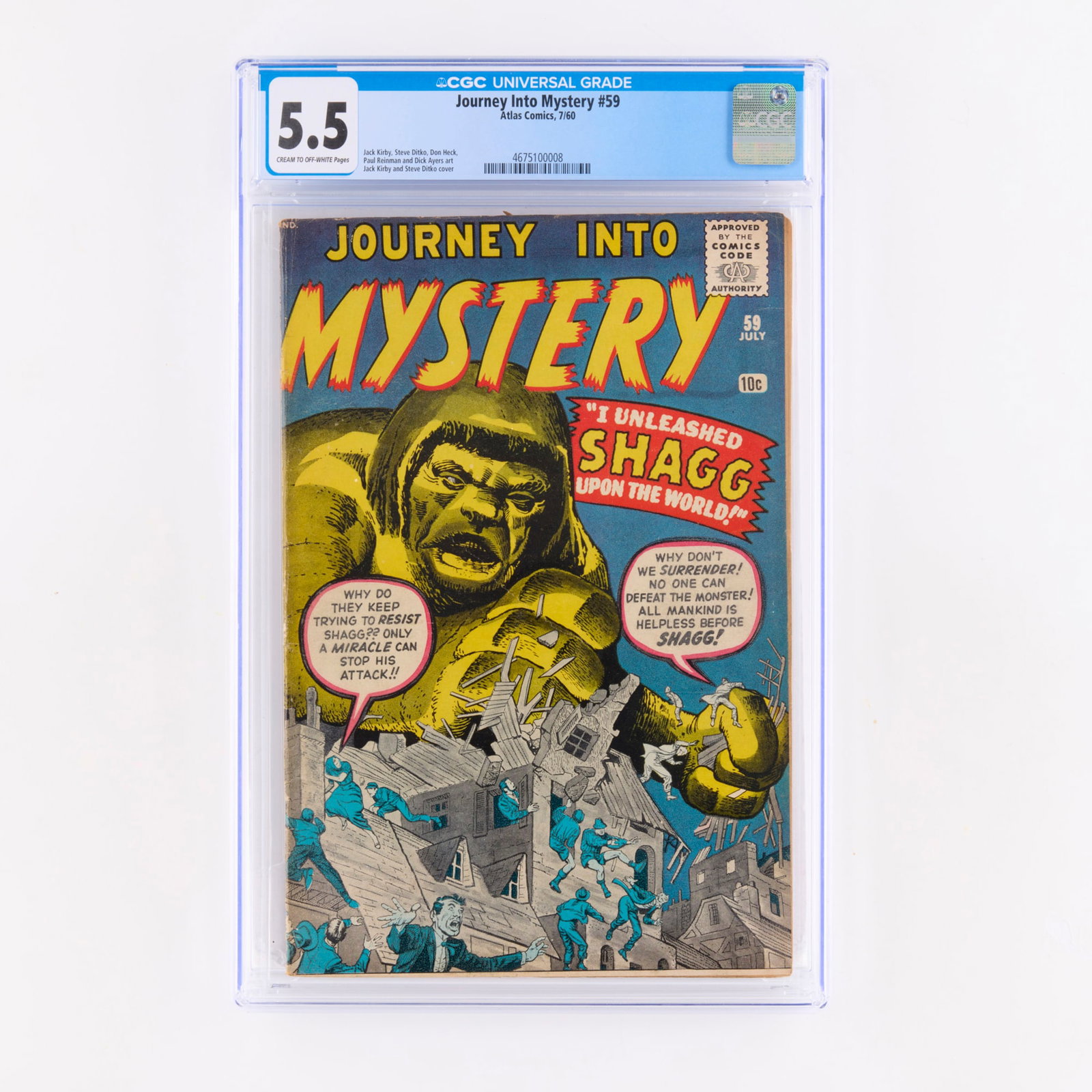 Atlas Comics Journey Into Mystery #59 CGC 5.5: Atlas Comics Journey Into Mystery #59 CGC 5.5 USA, 1960 This Silver Age classic from Atlas features a powerhouse of artistic talent including Jack Kirby and Steve Ditko. The issue showcases a collabor