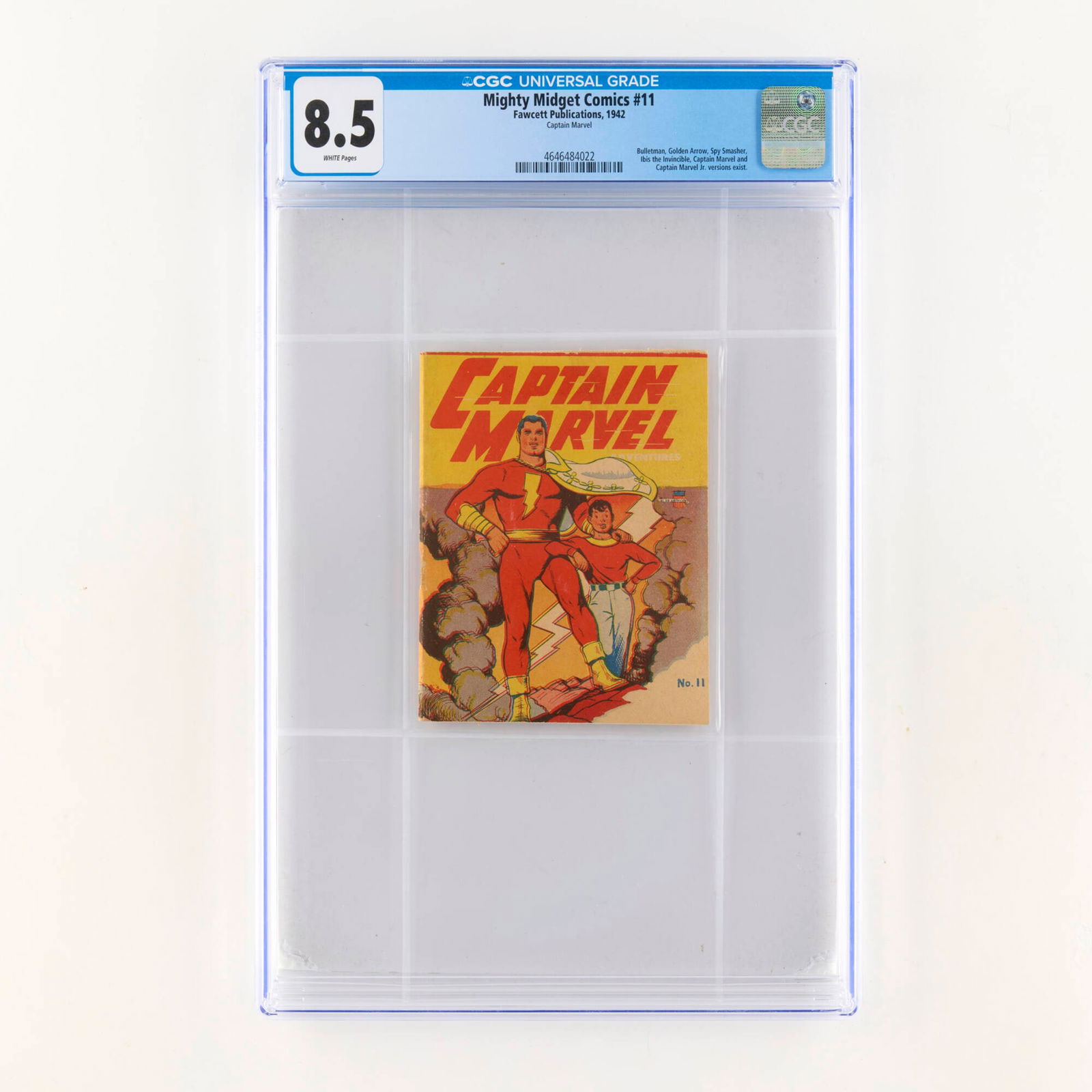 Fawcett Publications Mighty Midget Comics #11 CGC 8.5: Fawcett Publications Mighty Midget Comics #11 CGC 8.5 USA, 1942 Issue features Captain Marvel. Bulletman, Golden Arrow, Spy Smasher, Ibis the Invincible, Captain Marvel and Captain Marvel Jr. versions
