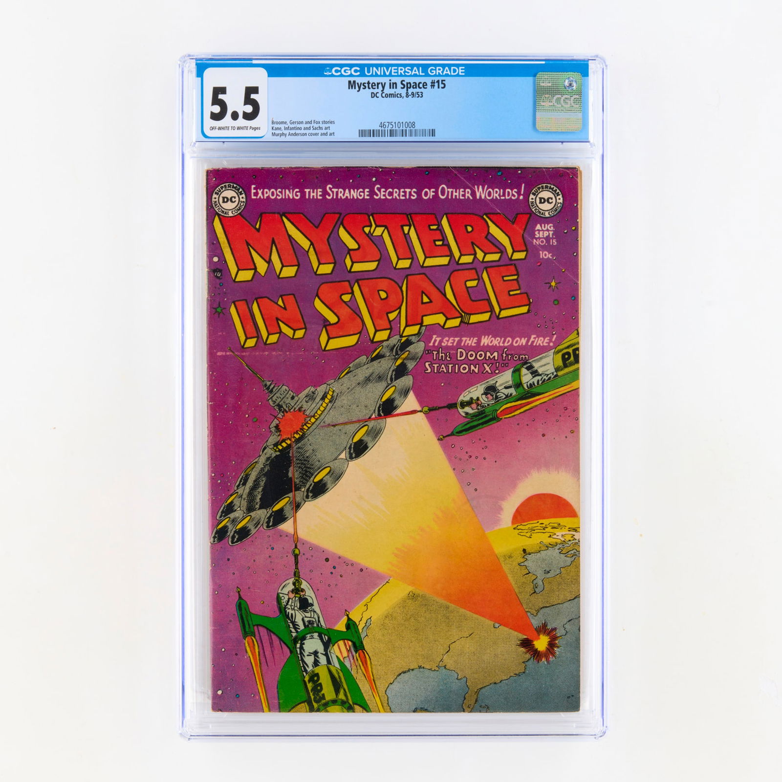 DC Comics Mystery in Space #15 CGC 5.5: DC Comics Mystery in Space #15 CGC 5.5 USA, 1953 This Golden Age sci-fi classic is fronted by a Murphy Anderson cover. The artistic lineup is a powerhouse, including Gil Kane, Carmine Infantino, and B
