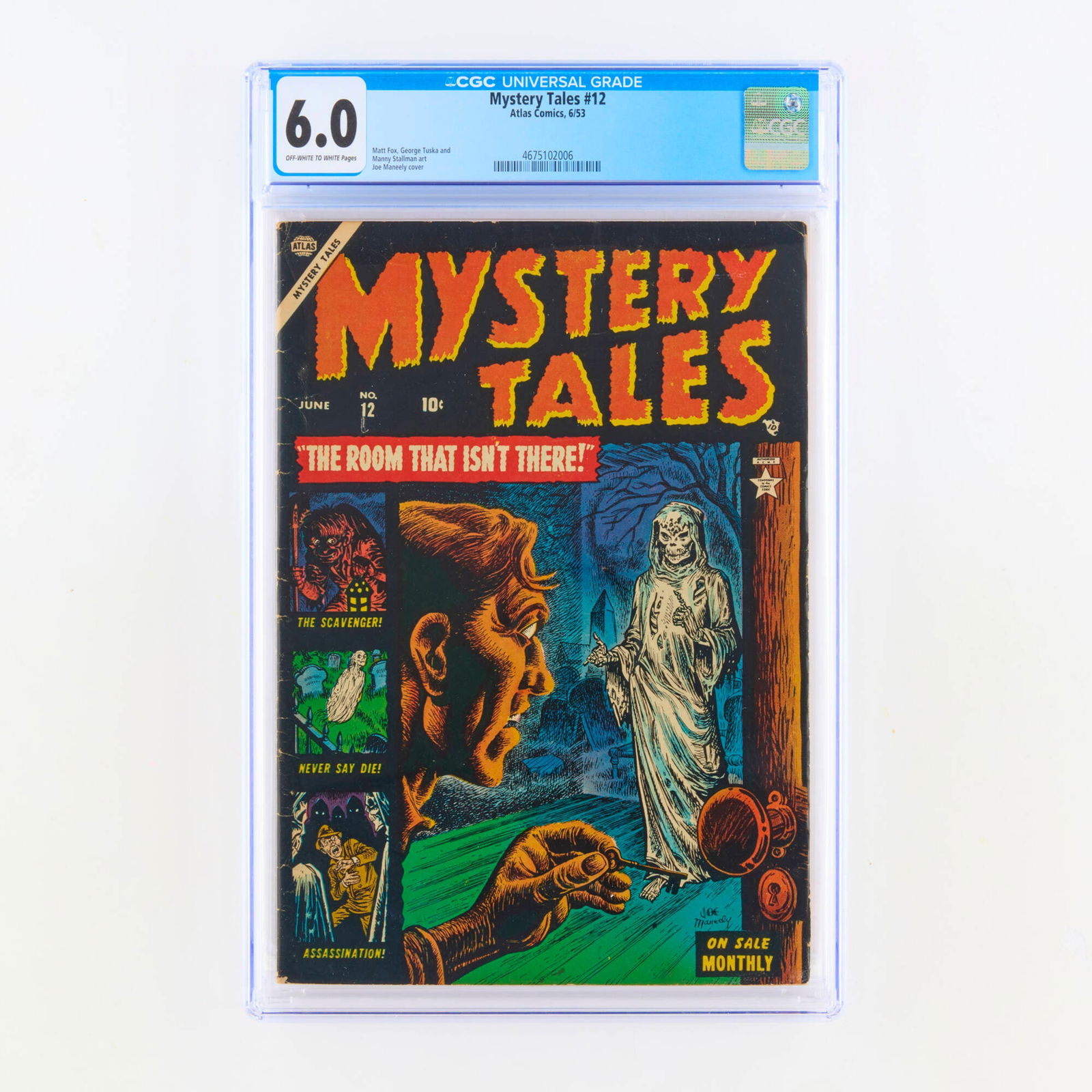 Atlas Comics Mystery Tales #12 CGC 6.0: Atlas Comics Mystery Tales #12 CGC 6.0 USA, 1953 A pre-code Golden Age horror entry from Atlas with a cover by Joe Maneely. Interior artists include Matt Fox, George Tuska, and Manny Stallman. CGC#: