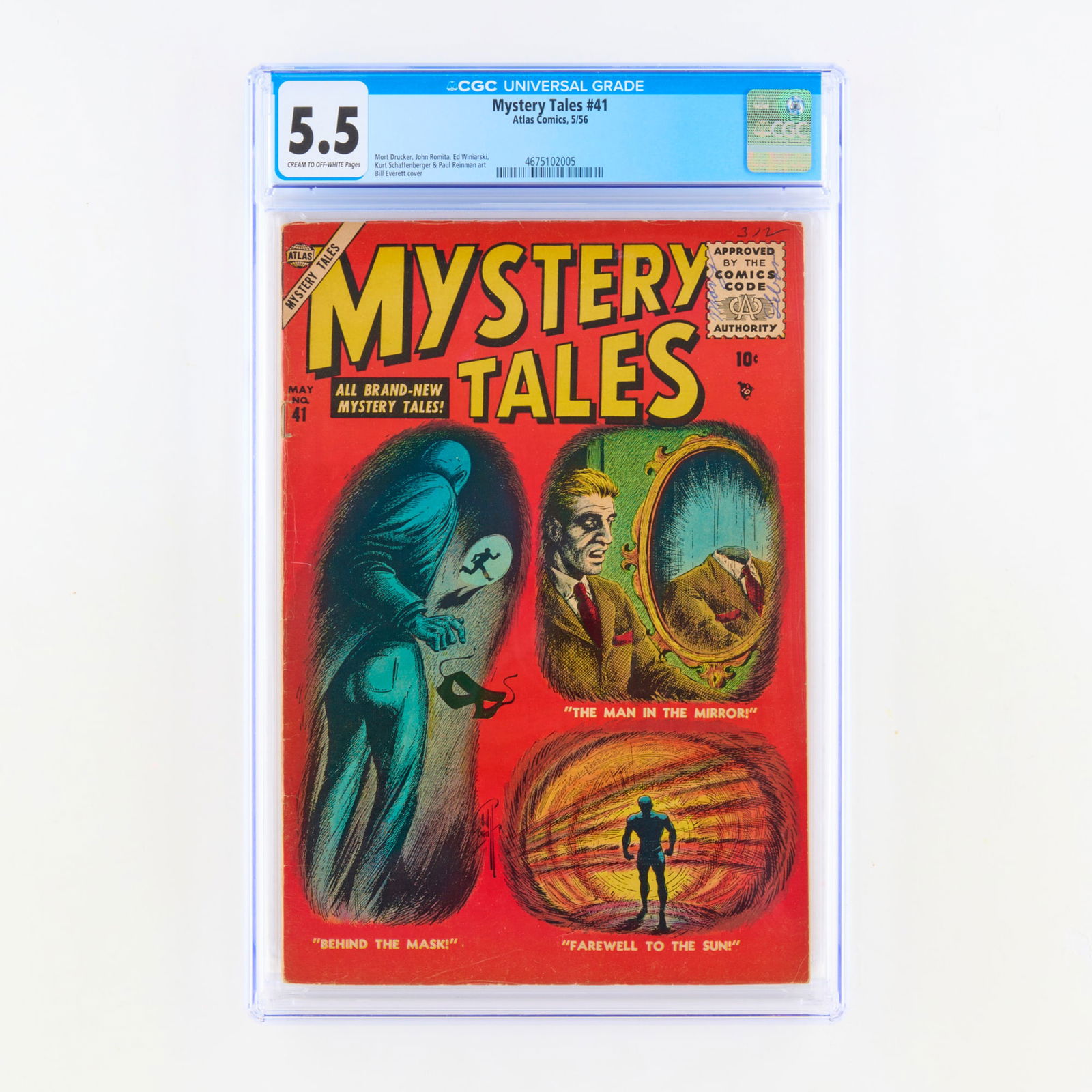 Atlas Comics Mystery Tales #41 CGC 5.5: Atlas Comics Mystery Tales #41 CGC 5.5 USA, 1956 This mid-1950s Atlas anthology features a cover by Bill Everett. The artistic roster includes legends such as Mort Drucker, John Romita, and Kurt Schaf