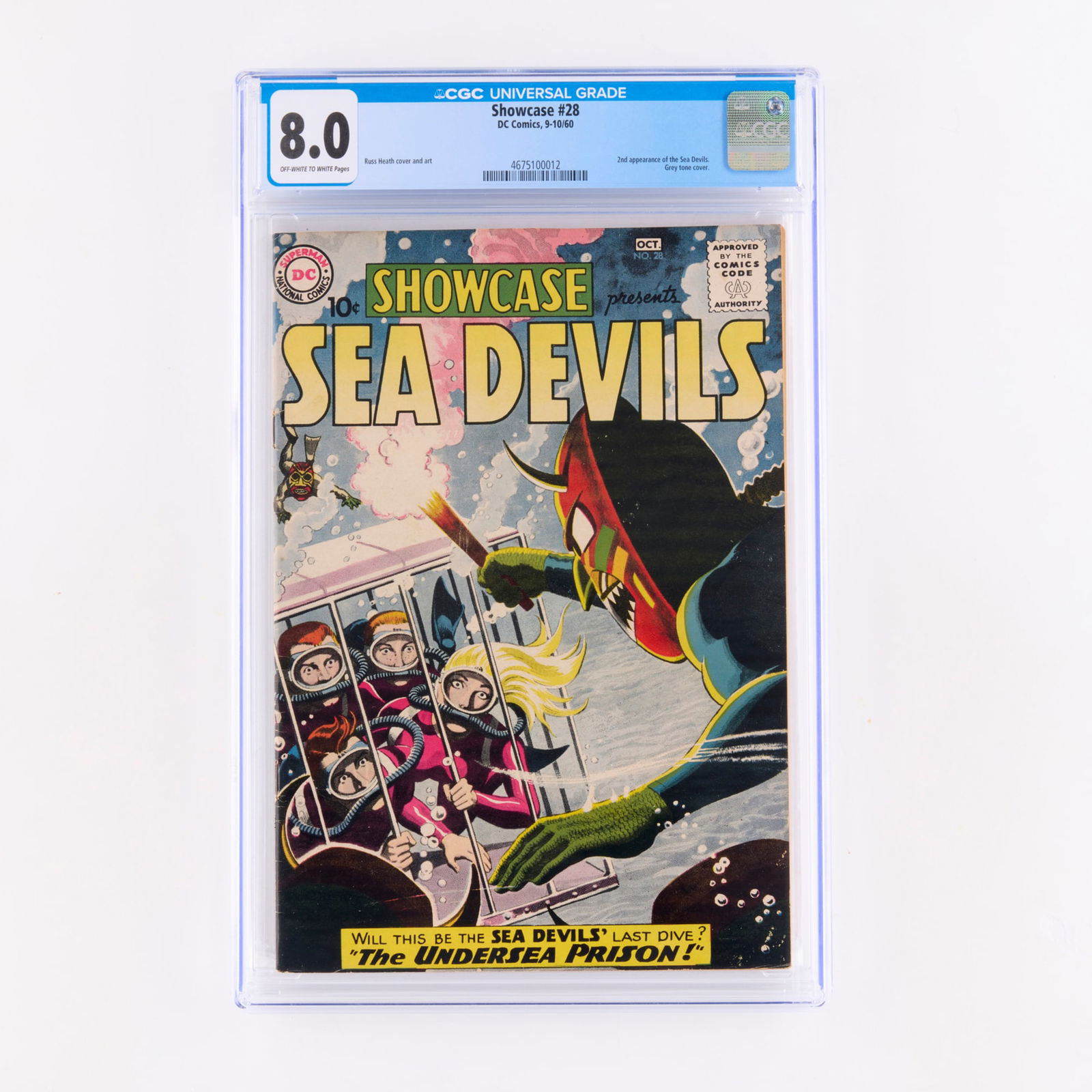 DC Comics Showcase #28 CGC 8.0: DC Comics Showcase #28 CGC 8.0 USA, 1960 This Silver Age tryout issue features the second appearance of the Sea Devils. The book is notable for its grey tone cover and interior art by Russ Heath. CGC#
