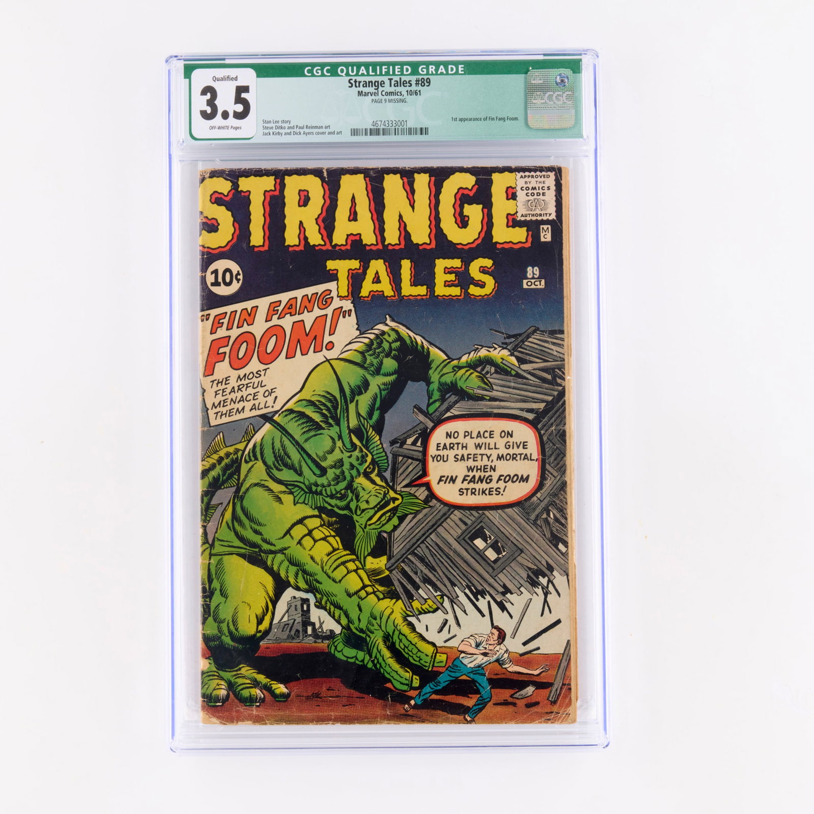 Marvel Comics Strange Tales #89 CGC 3.5 Qualified: Marvel Comics Strange Tales #89 CGC 3.5 Qualified USA, 1961 This Silver Age key is historic for the first appearance of Fin Fang Foom. Despite the missing page, it remains a sought-after piece featuri