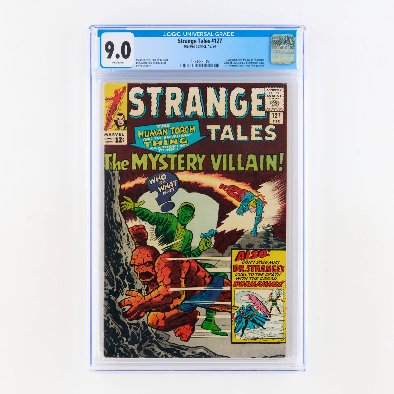 Marvel Comics Strange Tales #127 CGC 9.0: Marvel Comics Strange Tales #127 CGC 9.0 USA, 1964 This Silver Age essential marks the first appearance of the Eye of Agamotto, Cloak of Levitation, and the Mindless Ones. It includes a Thing pin-up a