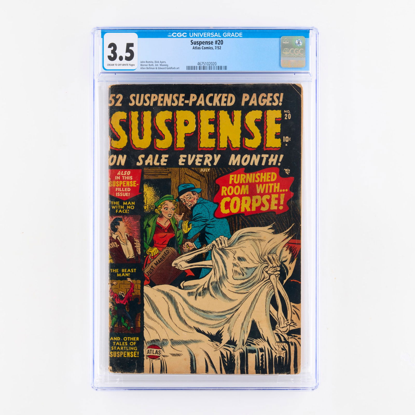Atlas Comics Suspense #20 CGC 3.5: Atlas Comics Suspense #20 CGC 3.5 USA, 1952 This Golden Age anthology features an impressive lineup of Atlas talent, including early work by John Romita, Dick Ayers, and Jim Mooney. CGC#: 467510202