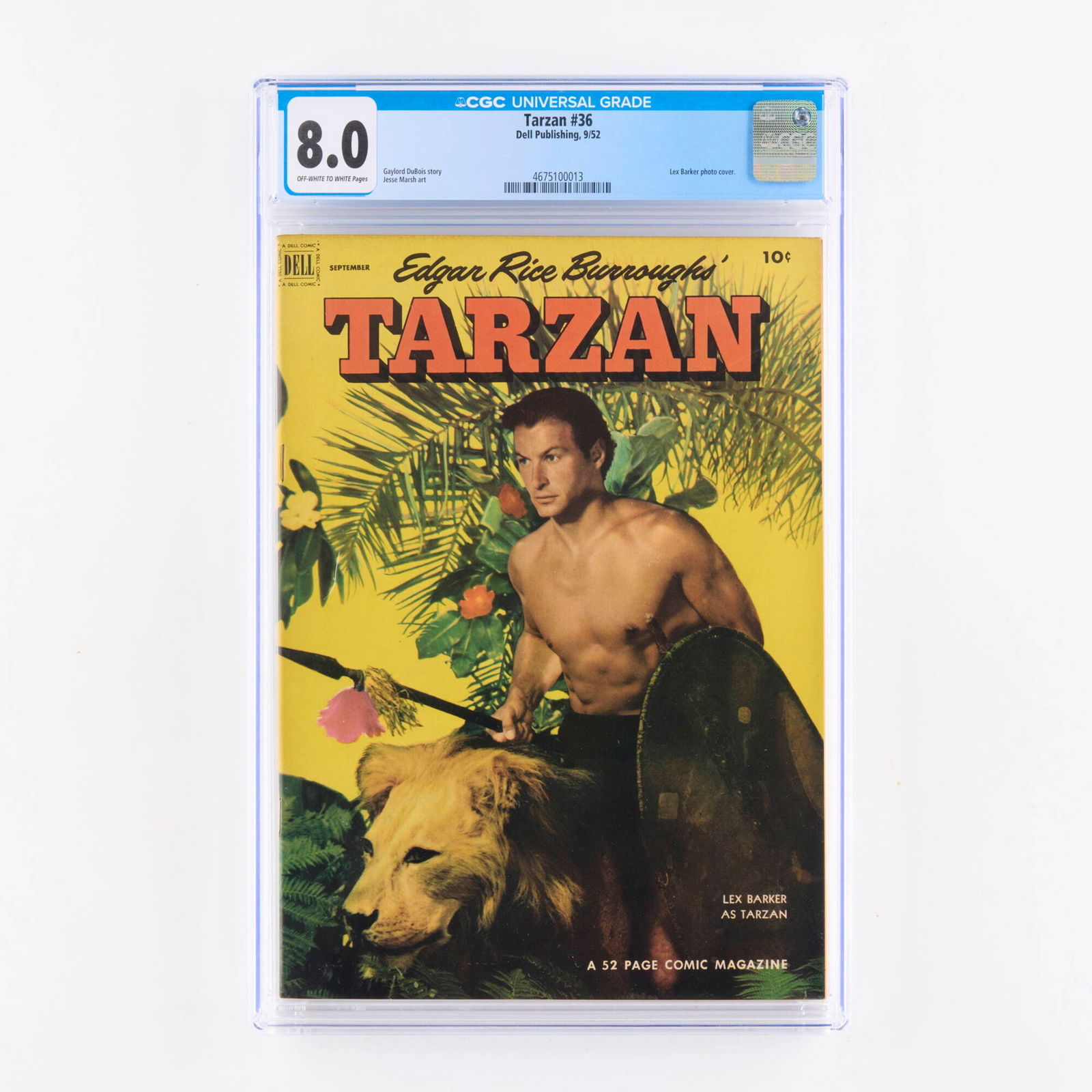 Dell Publishing Tarzan #36 CGC 8.0: Dell Publishing Tarzan #36 CGC 8.0 USA, 1952 This Golden Age Dell classic features a Lex Barker photo cover. The interior stories are written by Gaylord DuBois with art by Jesse Marsh. CGC#: 467510
