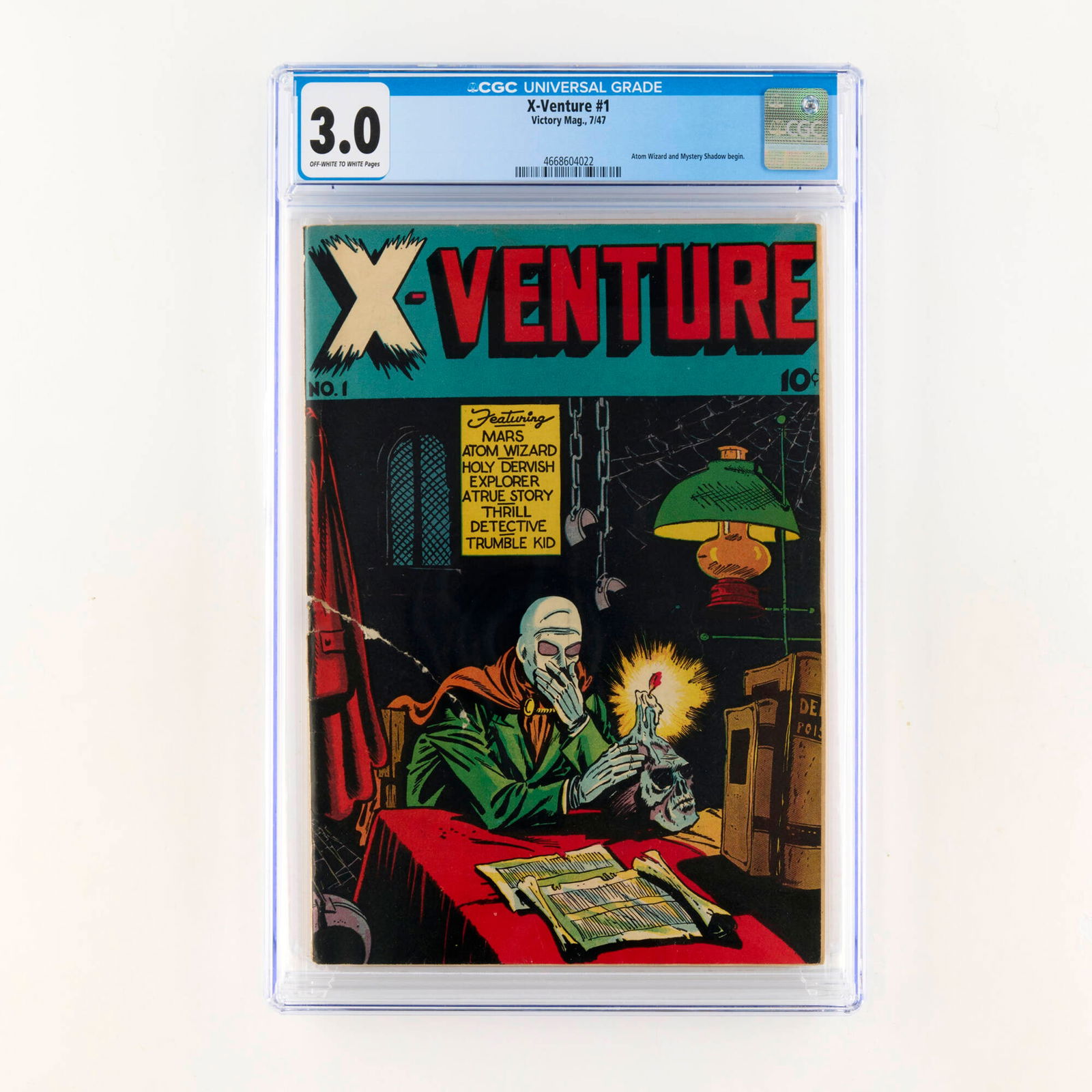 Victory Magazines X-Venture #1 CGC 3.0: Victory Magazines X-Venture #1 CGC 3.0 USA, 1947 This rare Golden Age debut features the first appearances of the Atom Wizard and Mystery Shadow. A tough find from publisher Victory Magazines. CGC#: