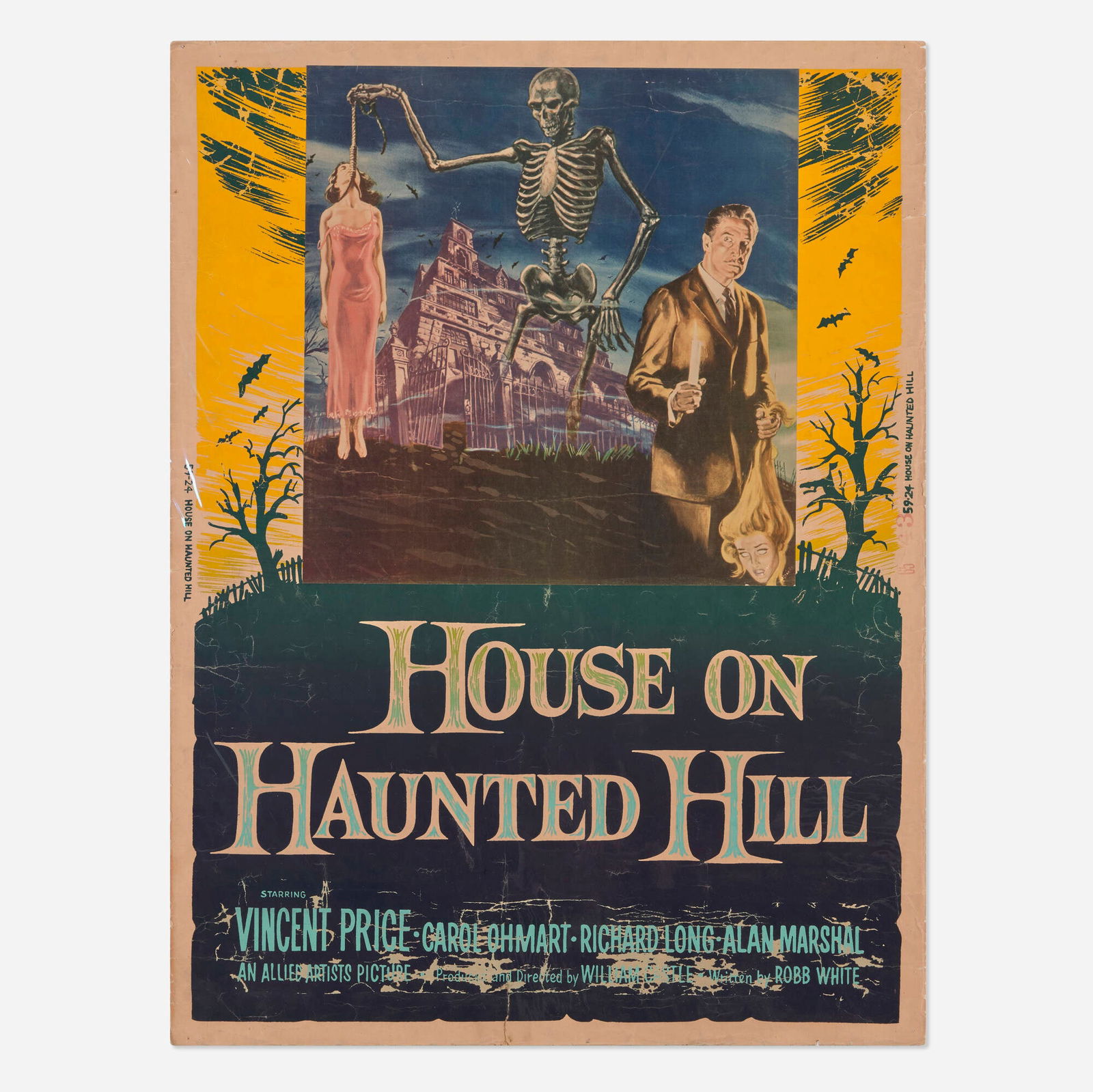 House on Haunted Hill (Allied Artists, 1959): House on Haunted Hill (Allied Artists, 1959) one sheet 41 h x 27 w in (104 x 69 cm) This film features stark, menacing shadows and iconic macabre imagery that defined a generation of horror. The