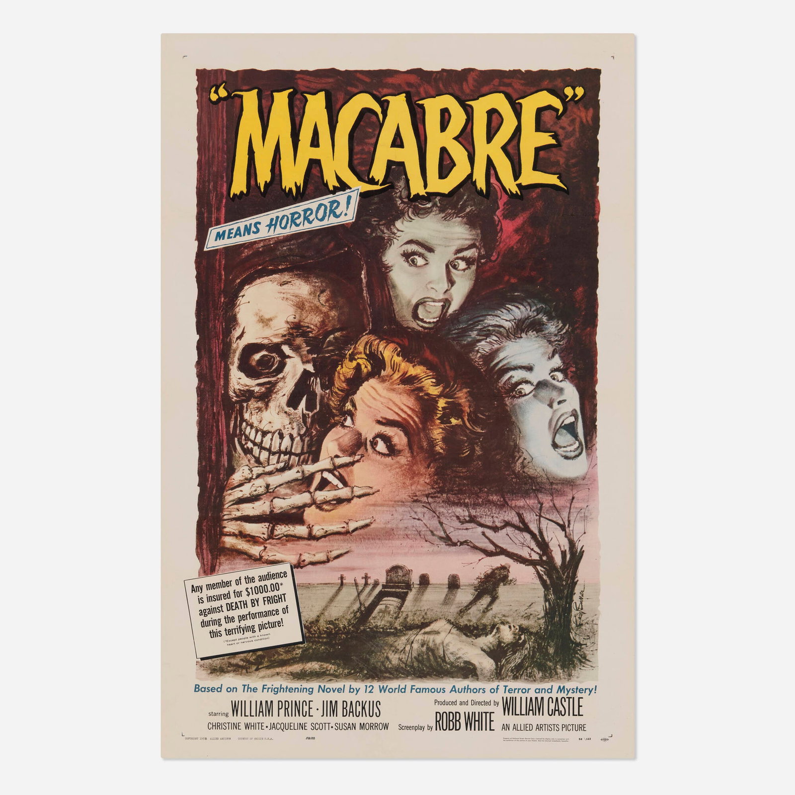 Macabre (Allied Artists, 1958): Macabre (Allied Artists, 1958) one sheet 41 h x 27 w in (104 x 69 cm) A high-stakes rescue thriller, this film follows Dr. Barrett as he desperately fights to save his daughter from being buried
