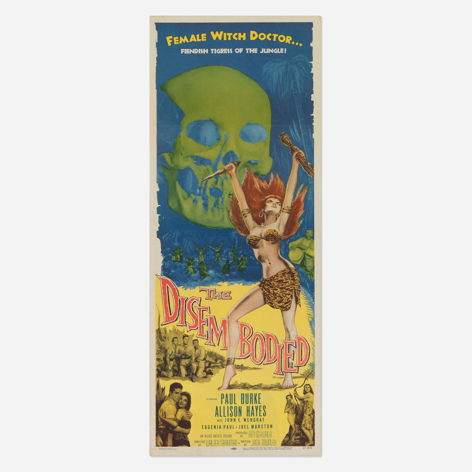 The Disembodied (Allied Artists, 1957): The Disembodied (Allied Artists, 1957) insert 36 h x 14 w in (91 x 36 cm) Deep in the jungle, a medical expedition encounters a sinister cult led by a high priestess practiced in the dark arts of