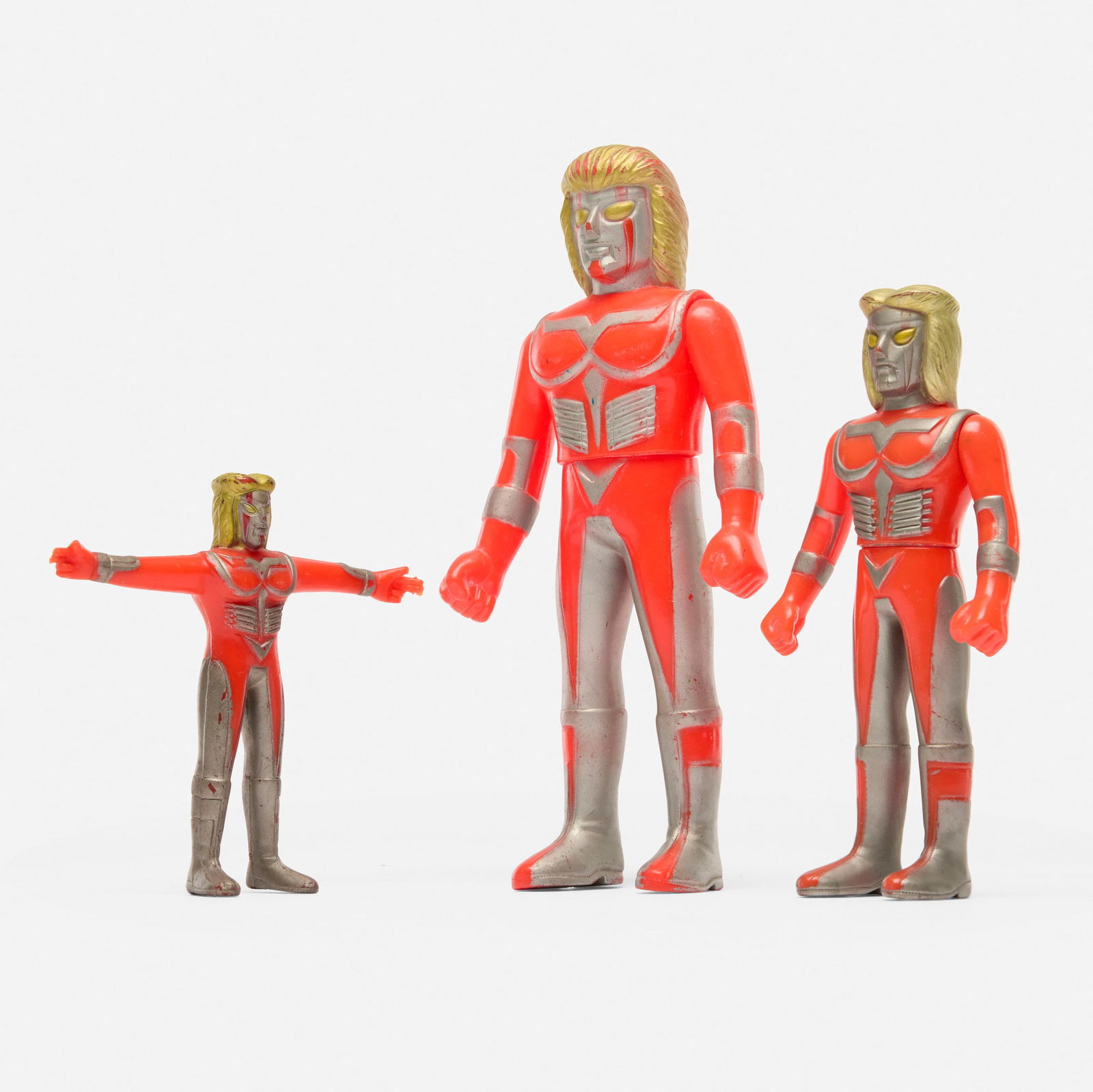 Three Takatoku MegaloMan Vinyl: Three Takatoku MegaloMan Vinyl TakatokuJapan, c. 1970 8.3 h x 3.9 w x 1.2 d in (21 x 10 x 3 cm) Includes standard, medium, and rubber bendy version. Condition Notes: All three in overall g