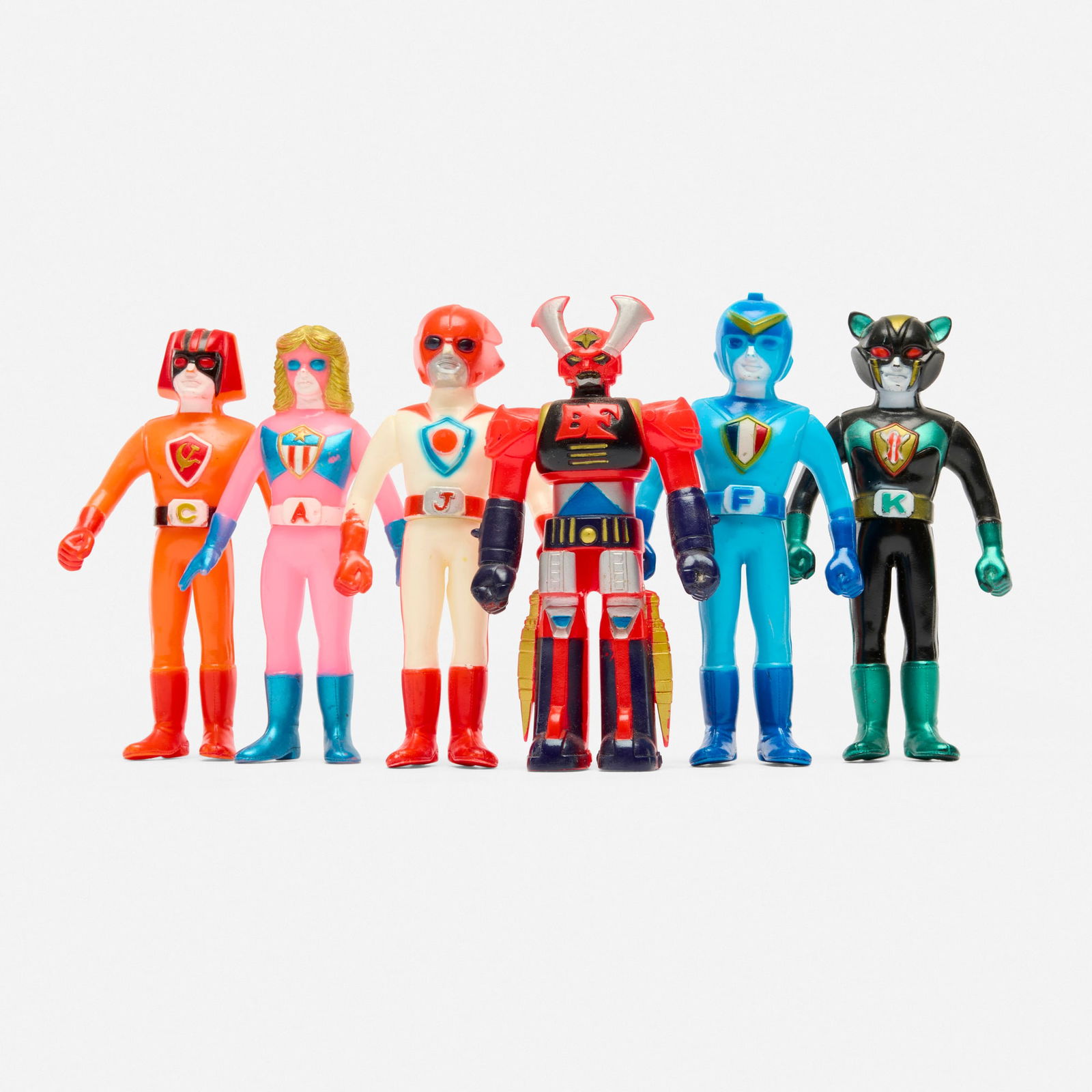Six Popy Battle Fever J Medium Vinyl Complete Set: Six Popy Battle Fever J Medium Vinyl Complete Set PopyJapan, c. 1970 4.7 h x 2.4 w x 0.8 d in (12 x 6 x 2 cm) Scarce set to find complete. Condition Notes: Near mint example with minimal w