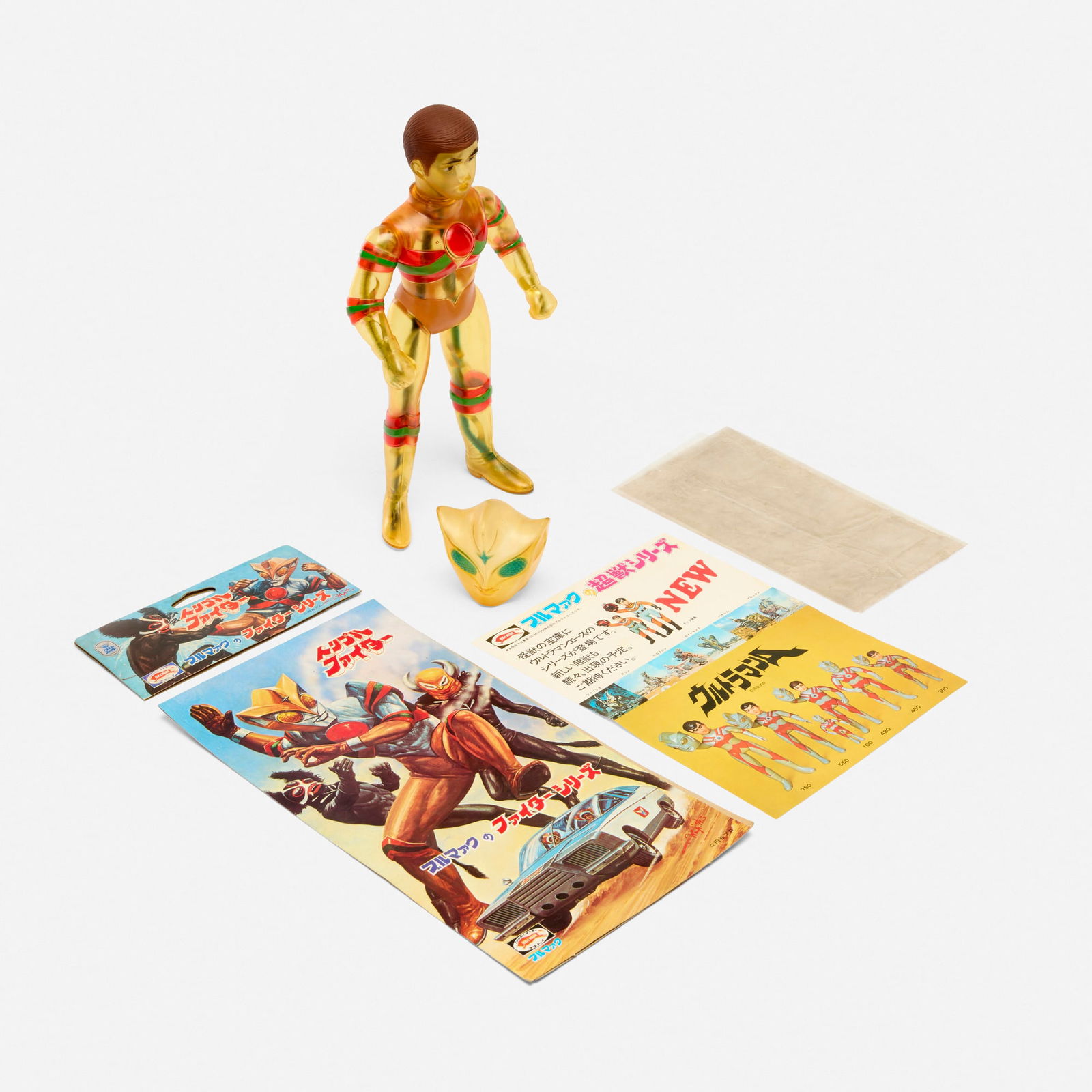 Bullmark Triple Fighter Removable Mask Giant Cyborg: Bullmark Triple Fighter Removable Mask Giant Cyborg BullmarkJapan, c. 1970 12.6 h x 4.7 w x 1.6 d in (32 x 12 x 4 cm) Scarce vinyl to find complete and in good condition, a true grail among Triple Fig