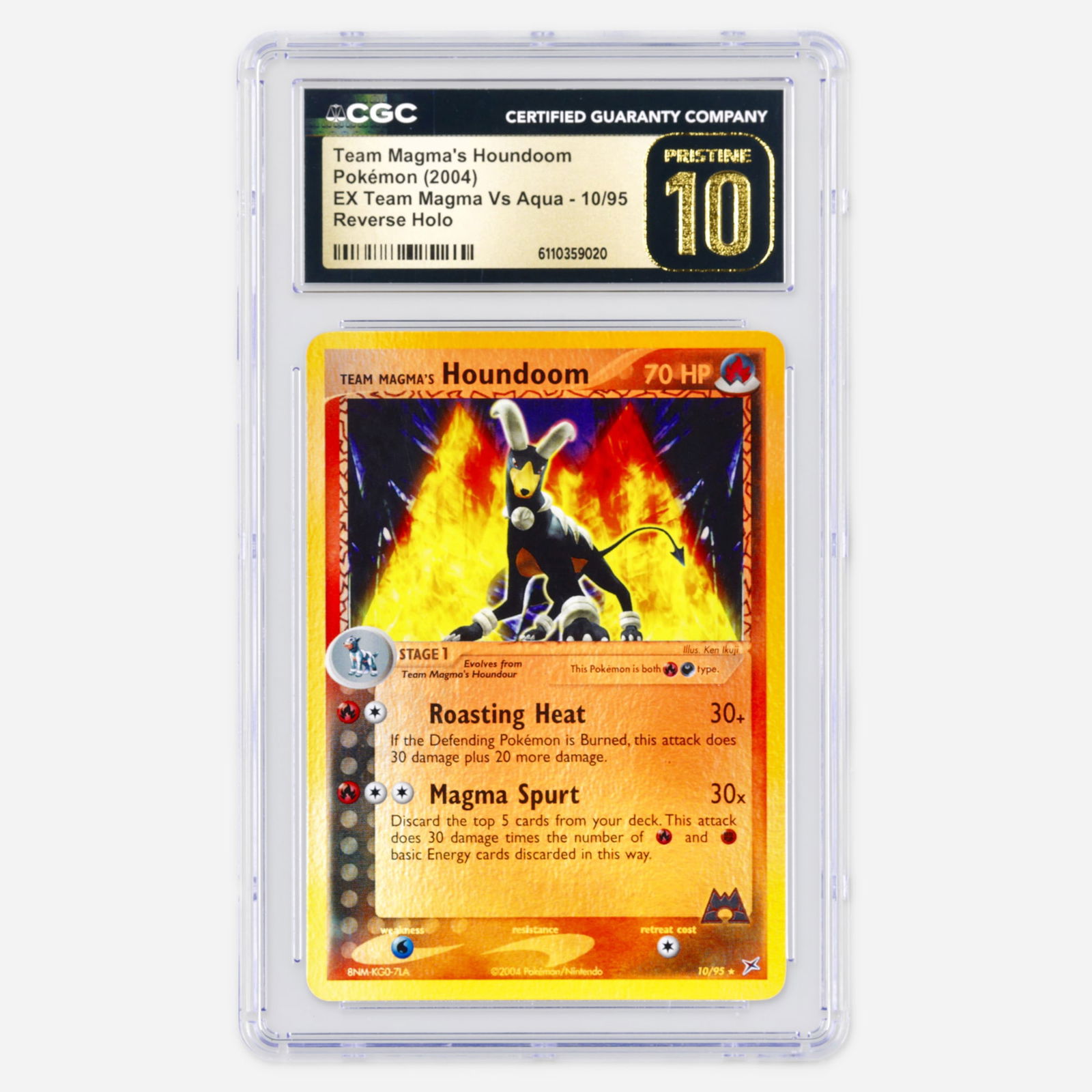 2004 Pokemon EX Team Magma Vs Aqua 10/95 Team Magma's Houndoom Reverse HoloCGC 10 Pristine: 2004 Pokemon EX Team Magma Vs Aqua 10/95 Team Magma's Houndoom Reverse Holo Trading Card CGC 10 Pristine USA, 2004 CGC#: 6110359020 Population: 4 in 10 Pristine, 0 higher
