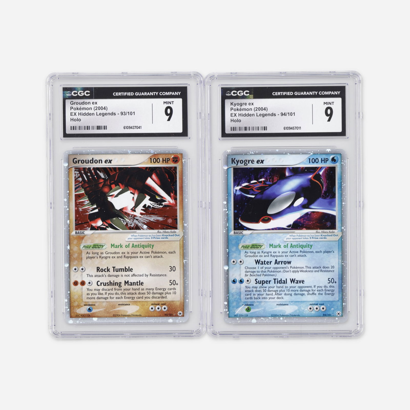 Two 2004 Pokemon EX Hidden Legends 93/101 Groudon ex Holo and 94/101 Kyogre ex Holo CGC 9: Two 2004 Pokemon EX Hidden Legends 93/101 Groudon ex Holo and 94/101 Kyogre ex Holo CGC 9 Trading Card Group USA, 2004 2004 Pokemon EX Hidden Legends 93/101 Groudon ex Holo Trading Card CGC 9