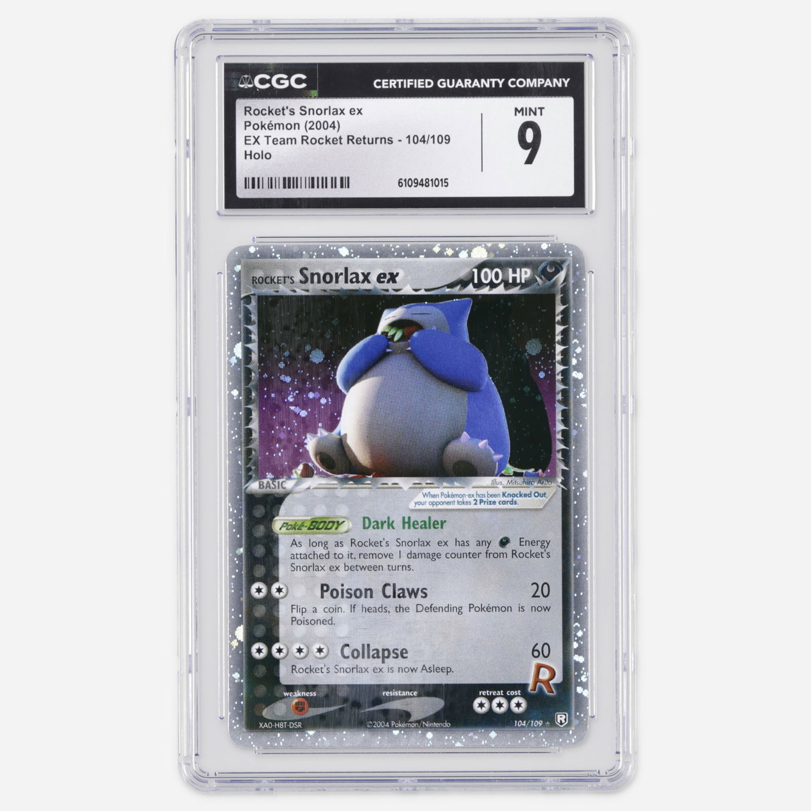 2004 Pokemon EX Team Rocket Returns 104/109 Rocket's Snorlax ex Holo Trading Card CGC 9: 2004 Pokemon EX Team Rocket Returns 104/109 Rocket's Snorlax ex Holo Trading Card CGC 9 USA, 2004 Released in 2004, EX Team Rocket Returns marked the dramatic resurgence of Team Rocket within the mode