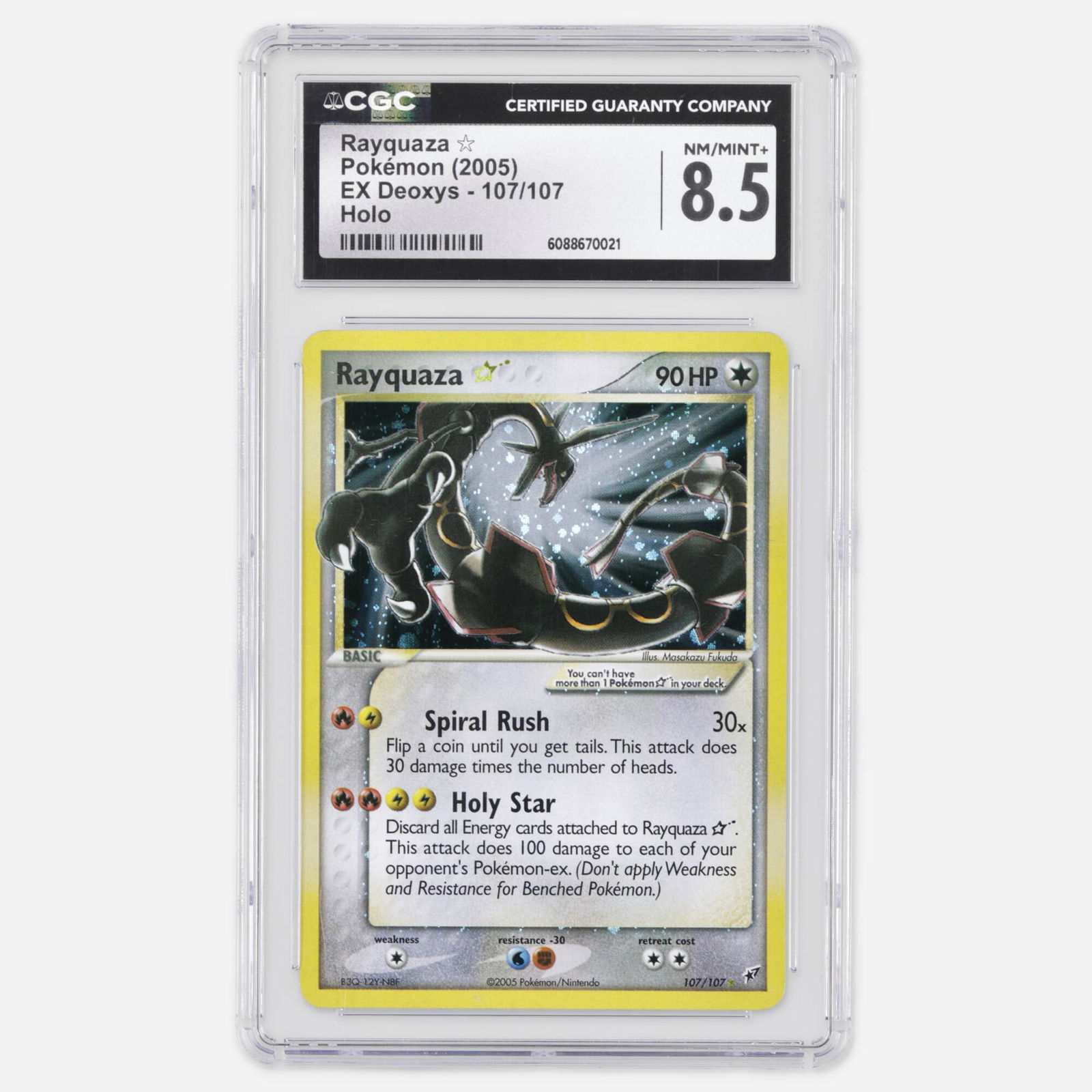2005 Pokemon EX Deoxys 107/107 Rayquaza Gold Star Holo Trading Card CGC 8.5: 2005 Pokemon EX Deoxys 107/107 Rayquaza Gold Star Holo Trading Card CGC 8.5 USA, 2005 Among the most coveted cards of the Gold Star era, Rayquaza from EX Deoxys stands as a defining icon of mid-2000s