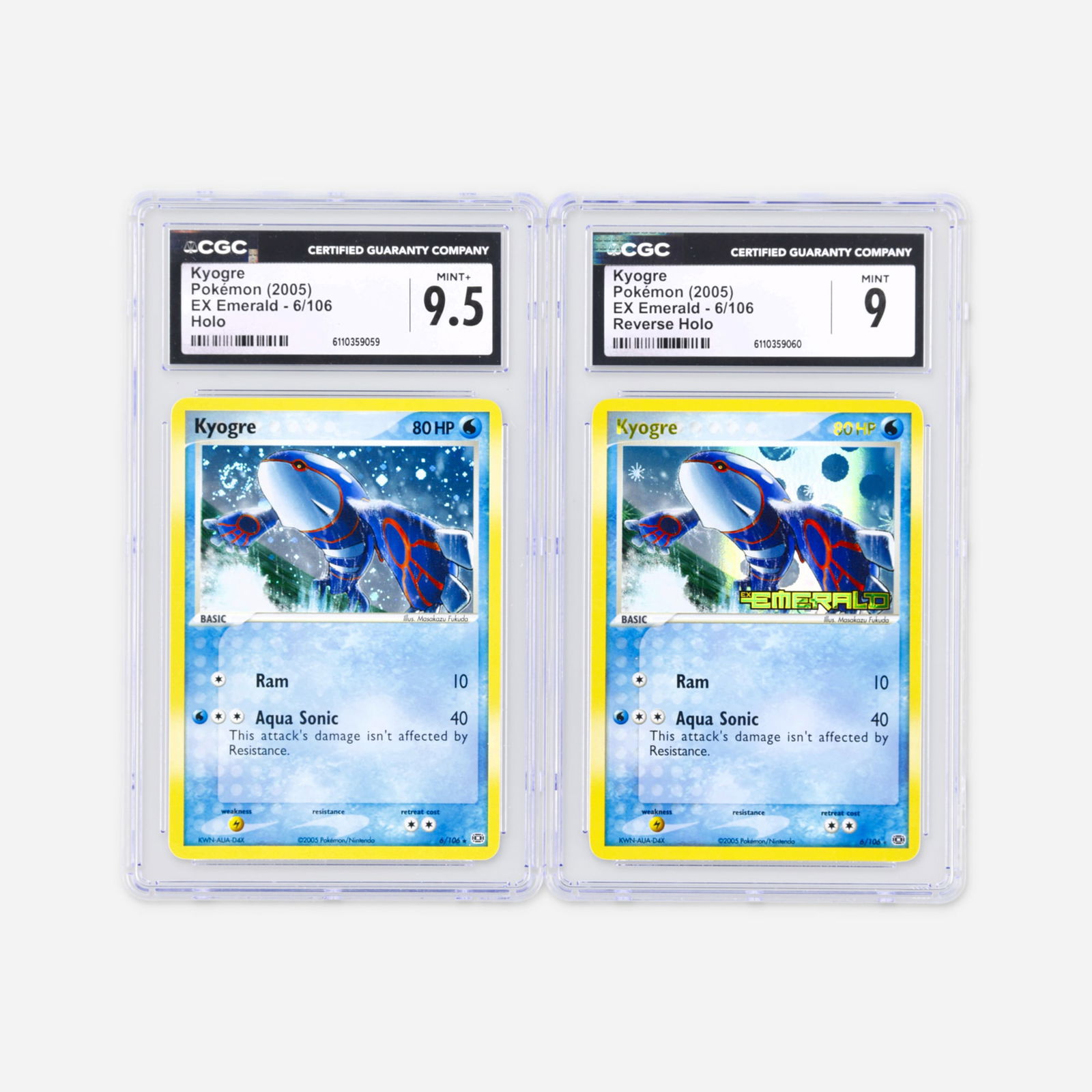 Two 2005 Pokemon EX Emerald 6/106 Kyogre Holo and Reverse Holo CGC Trading Card Group (1 of 2)