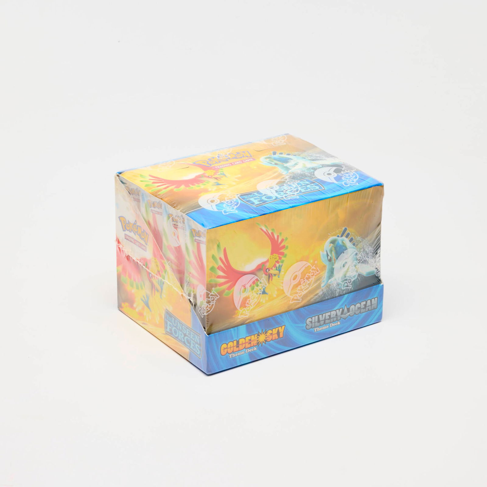 2005 Pokemon EX Unseen Forces Golden Sky and Silvery Ocean Theme Deck Display Box Factory Sealed: 2005 Pokemon EX Unseen Forces Golden Sky and Silvery Ocean Theme Deck Display Box Factory Sealed USA, 2005 Theme Deck Display box contains eight Theme Deck boxes, four Golden Sky Theme Decks and four