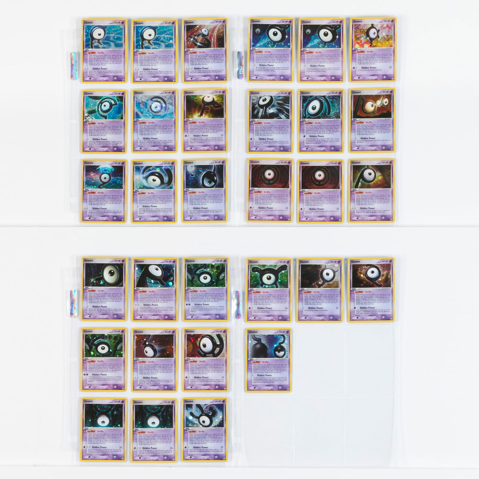 31 2005 Pokemon EX Unseen Forces Unown Set Trading Card Group: 31 2005 Pokemon EX Unseen Forces Unown Set Trading Card Group USA, 2005 Features cards from the Unown subset in the EX Unseen Forces series. Subset is near complete, missing only E/28 Unown and !/28 U