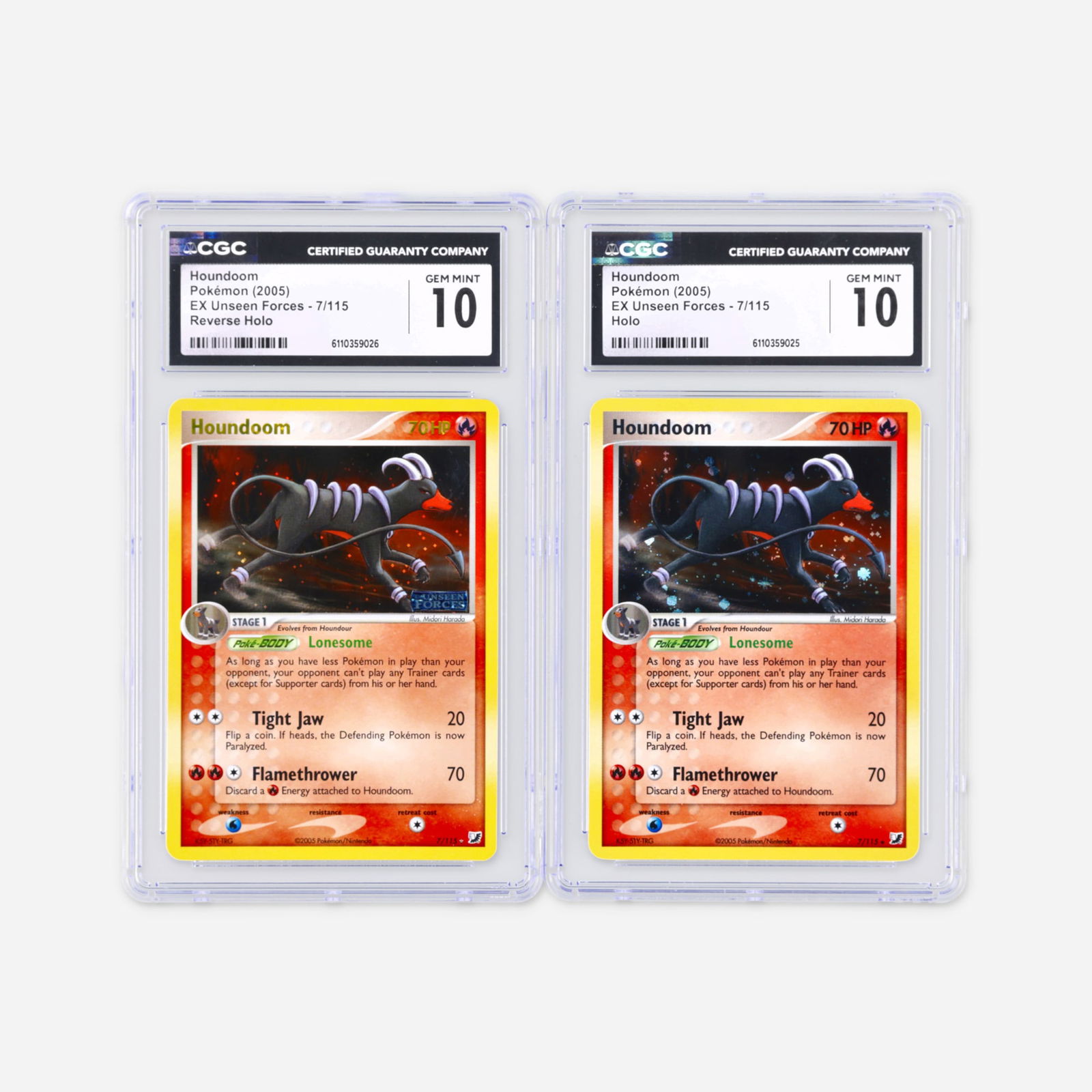 Two 2005 Pokemon EX Unseen Forces 7/115 Houndoom Holo and Reverse Holo CGC 10 Trading Card Group: Two 2005 Pokemon EX Unseen Forces 7/115 Houndoom Holo and Reverse Holo CGC 10 Trading Card Group USA, 2005 2005 Pokemon EX Unseen Forces 7/115 Houndoom Holo Trading Card CGC 10 CGC#: