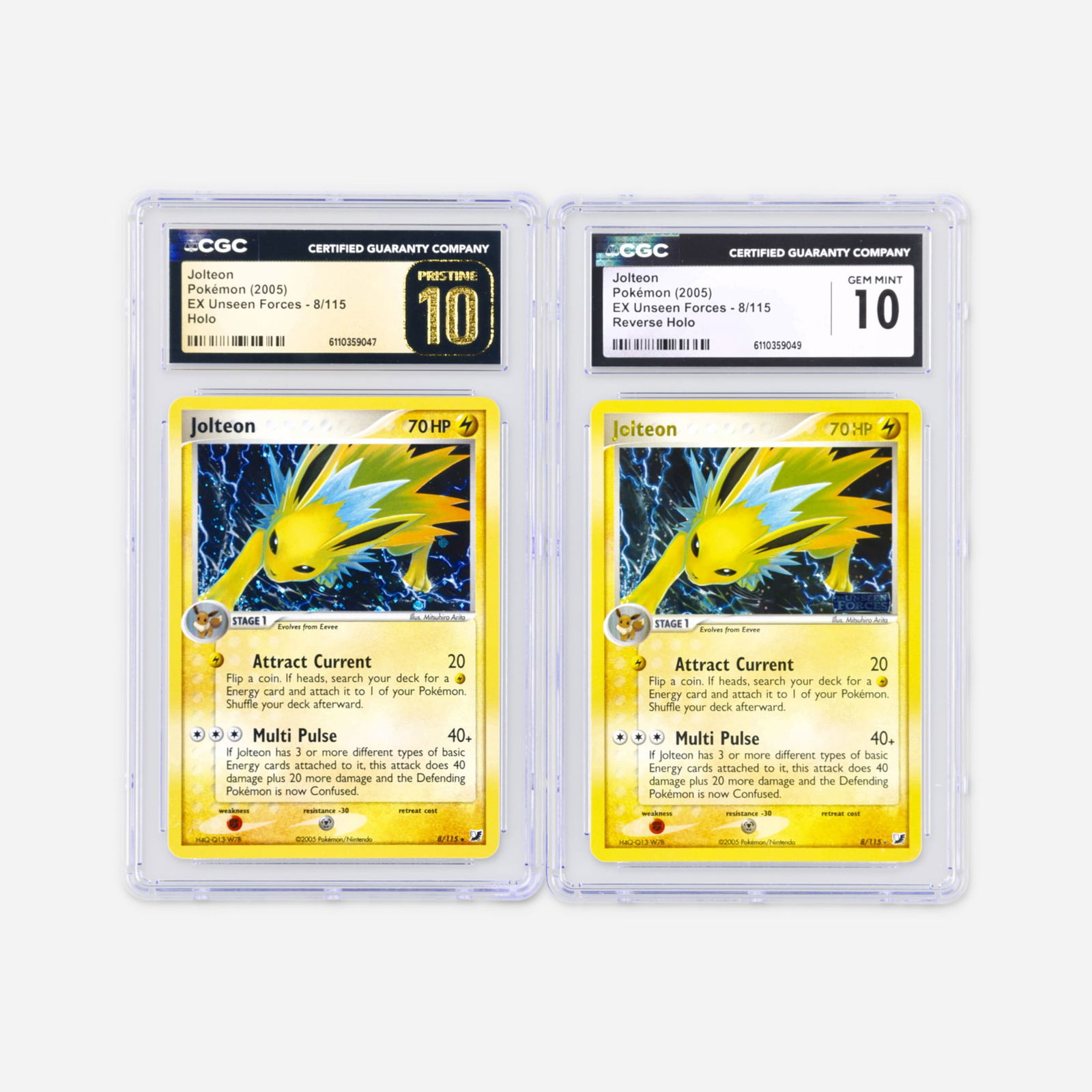 Two 2005 Pokemon EX Unseen Forces 8/115 Jolteon Holo and Reverse Holo CGC 10 Trading Card Group (1 of 2)