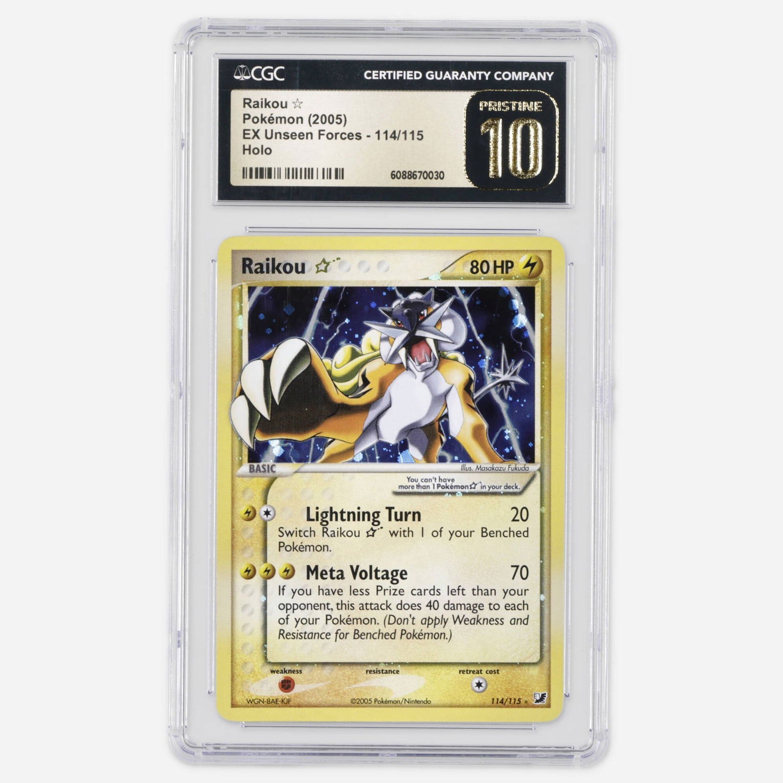 2005 Pokemon EX Unseen Forces 114/115 Raikou Gold Star Holo Trading Card CGC 10 Pristine: 2005 Pokemon EX Unseen Forces 114/115 Raikou Gold Star Holo Trading Card CGC 10 Pristine USA, 2005 Among the most iconic chase cards of the EX era, the Legendary Beasts Gold Stars-Entei, Raikou, and S