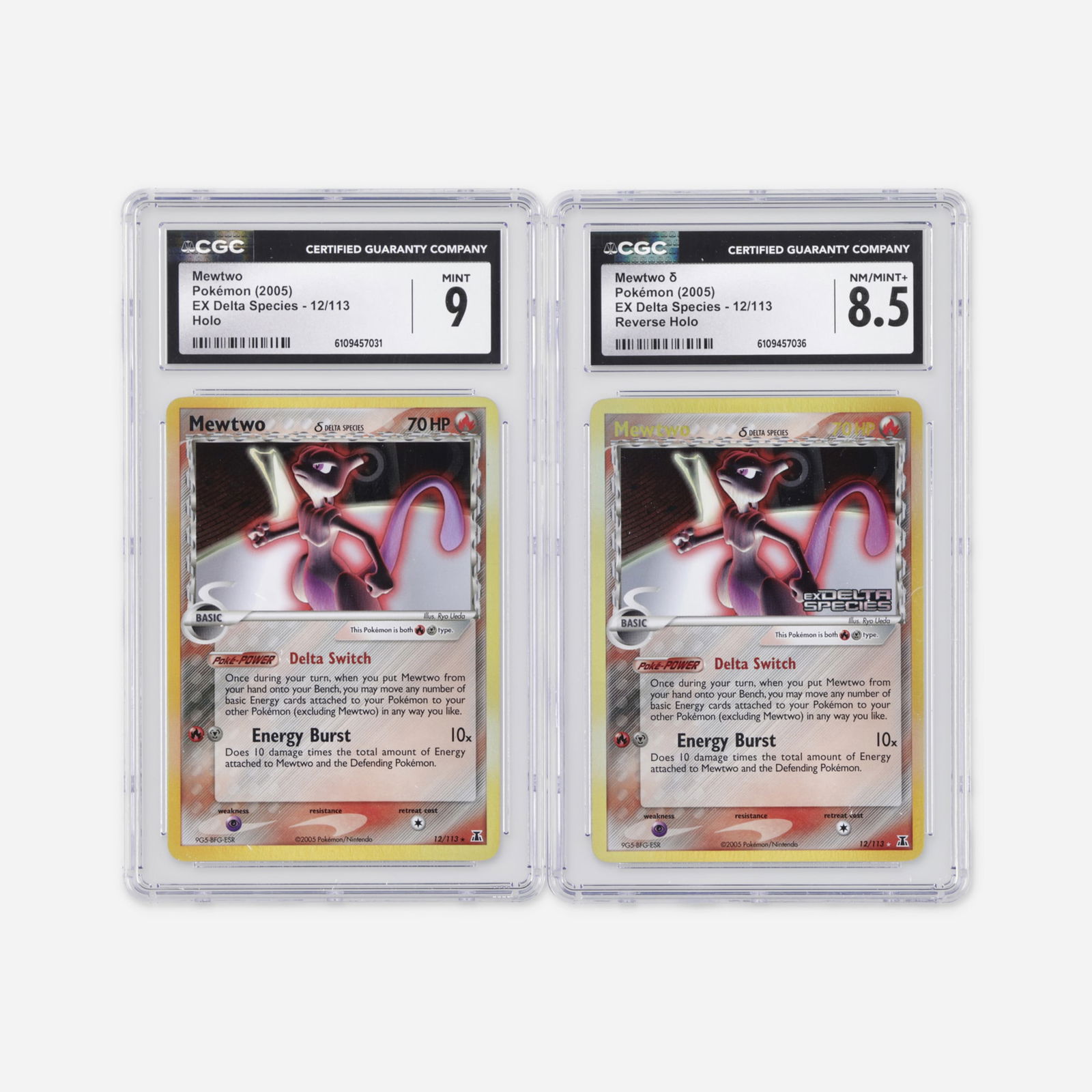 Two 2005 Pokemon EX Delta Species 12/113 Mewtwo ? Holo and Reverse Holo CGC Trading Card Group (1 of 2)