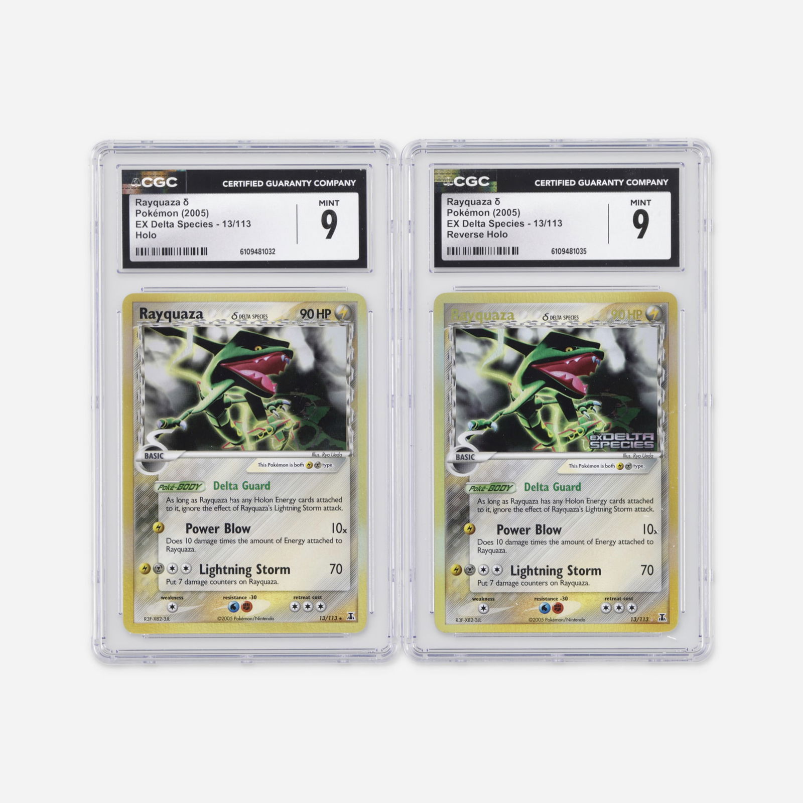 Two 2005 Pokemon EX Delta Species 13/113 Rayquaza ? Holo and Reverse Holo CGC 9 Trading Card Group (1 of 2)