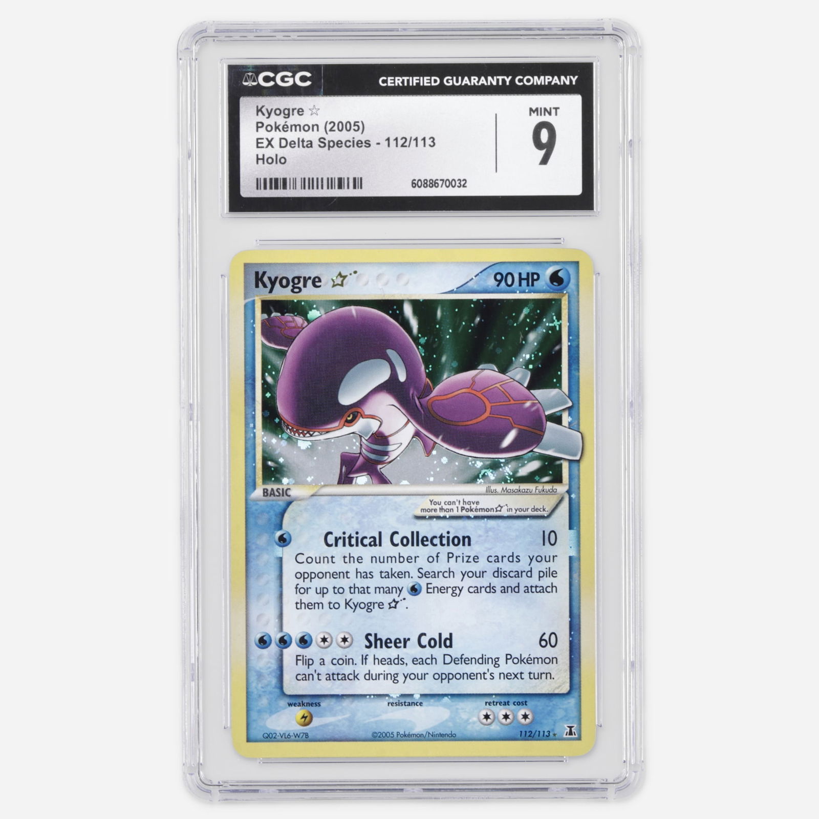 2005 Pokemon EX Delta Species 112/113 Kyogre Gold Star Holo Trading Card CGC 9: 2005 Pokemon EX Delta Species 112/113 Kyogre Gold Star Holo Trading Card CGC 9 USA, 2005 CGC#: 6088670032 Population: 26 in 9, 13 higher