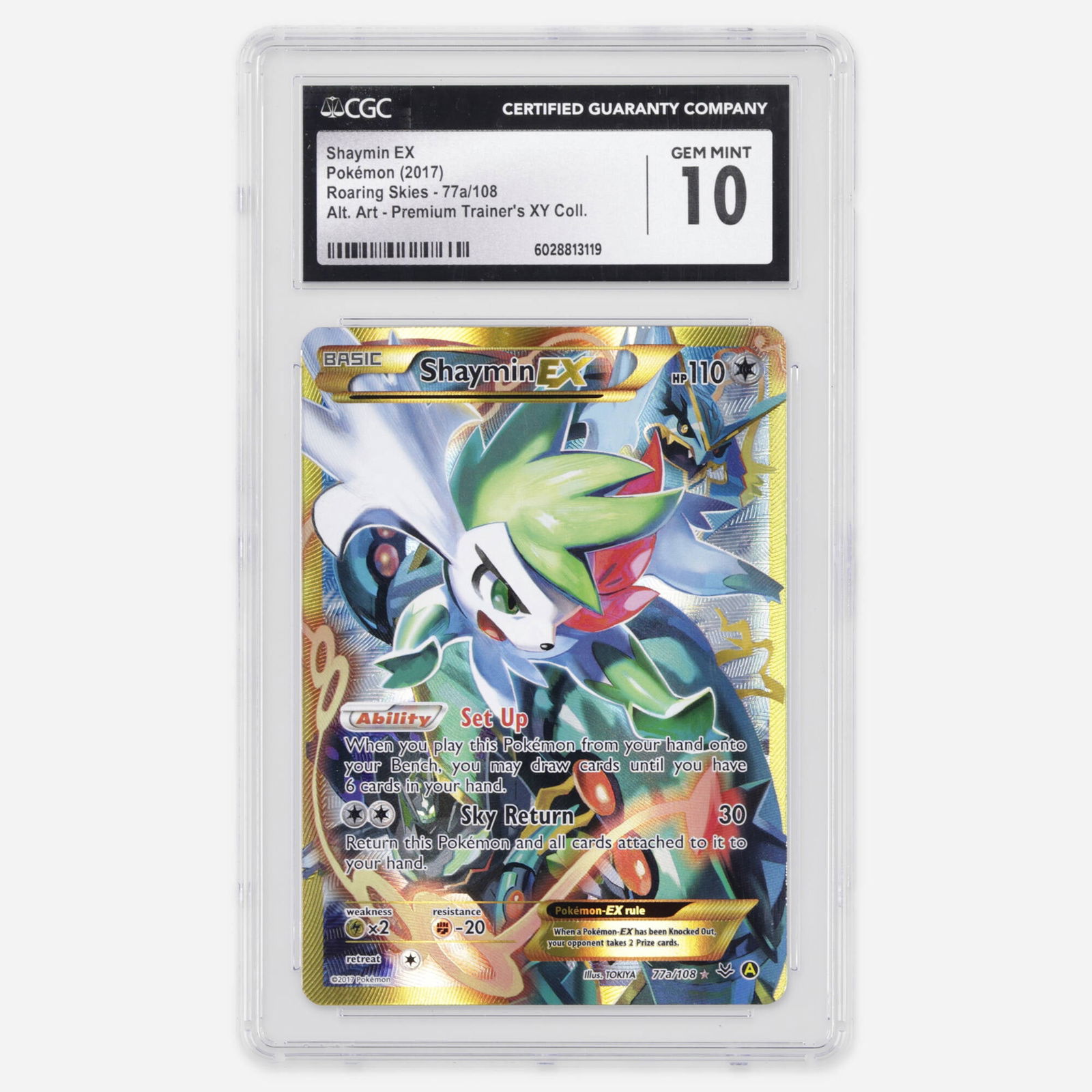 2017 Pokemon Roaring Skies 77a/108 Shaymin EX Alternate Art Premium Trainer's XY Collection CGC 10: 2017 Pokemon Roaring Skies 77a/108 Shaymin EX Alternate Art Premium Trainer's XY Collection Trading Card CGC 10 USA, 2017 CGC#: 6028813119 Population: 10 in 10 Gem Mint, 0 higher