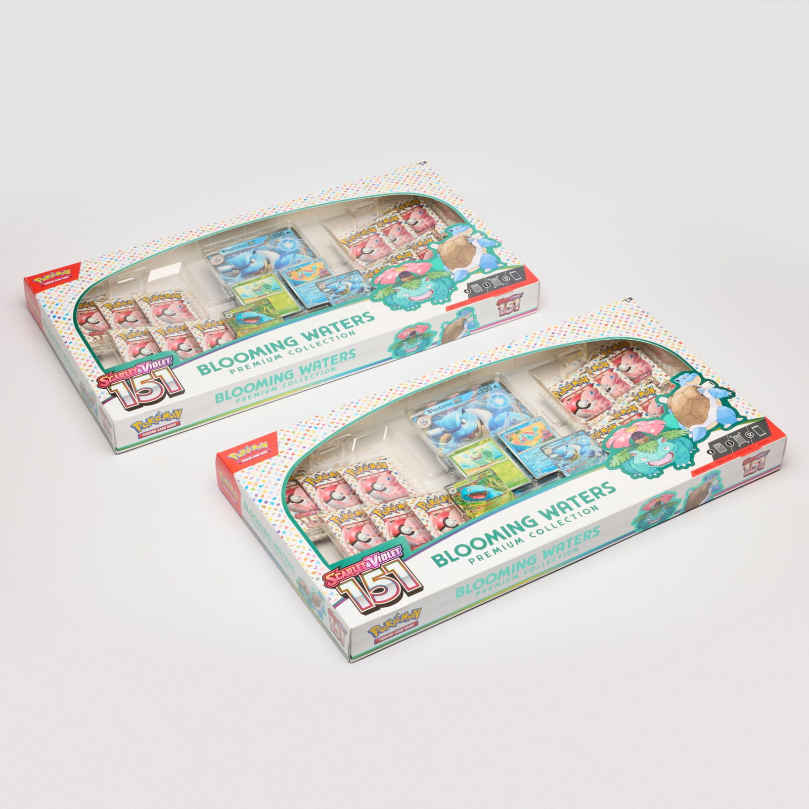 Two 2025 Pokemon Scarlet & Violet 151 Blooming Waters Premium Collection Group Factory Sealed: Two 2025 Pokemon Scarlet & Violet 151 Blooming Waters Premium Collection Group Factory Sealed USA, 2025 Featuring 003/165 Venusaur ex and 009/165 Blastoise ex, each box contains 12 packs from the Scar