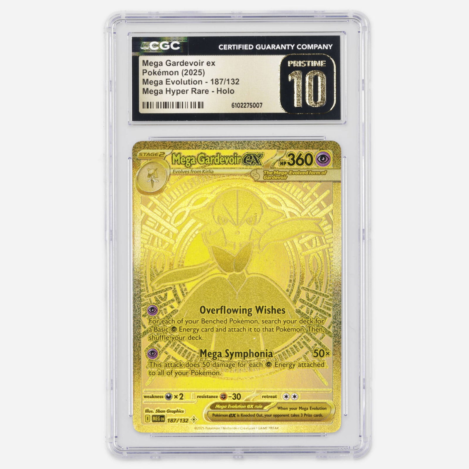 2025 Pokemon Mega Evolution 187/132 Mega Gardevoir ex Mega Hyper Rare Holo 10 Pristine: 2025 Pokemon Mega Evolution 187/132 Mega Gardevoir ex Mega Hyper Rare Holo Trading Card CGC 10 Pristine USA, 2025 CGC#: 6102275007 Population: 14 in 10 Pristine, 0 higher