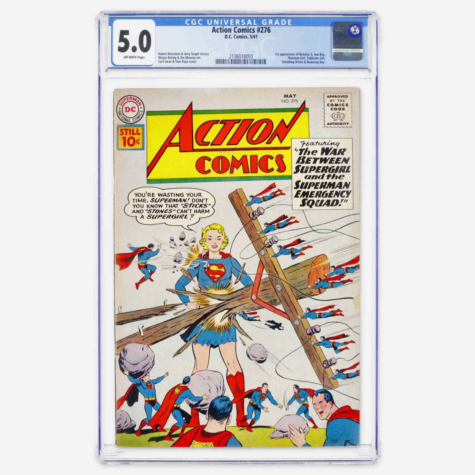 DC Comics Action Comics #276 CGC 5.0: DC Comics Action Comics #276 CGC 5.0 USA, 1961 This Silver Age milestone features the first appearance of Brainiac 5, Sun Boy, Phantom Girl, Triplicate Girl, Shrinking Violet and Bouncing Boy. The iss