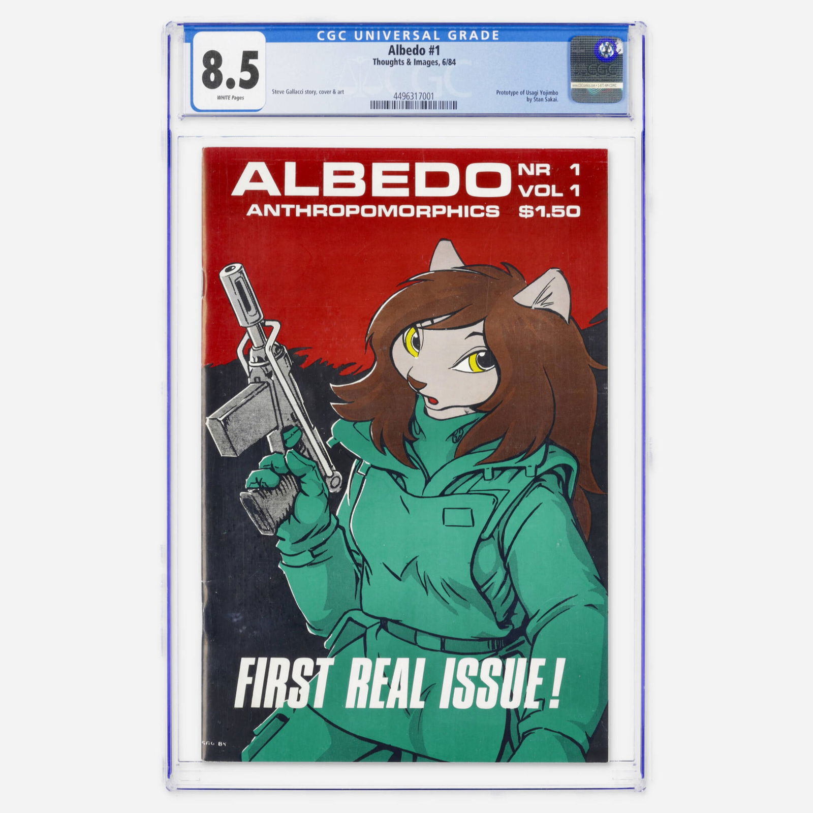 Thoughts & Images Albedo #1 CGC 8.5: Thoughts & Images Albedo #1 CGC 8.5 USA, 1984 This indie rarity contains the prototype of Usagi Yojimbo by Stan Sakai. The book features a Steve Gallacci story, cover and art. CGC#: 4496317001 <