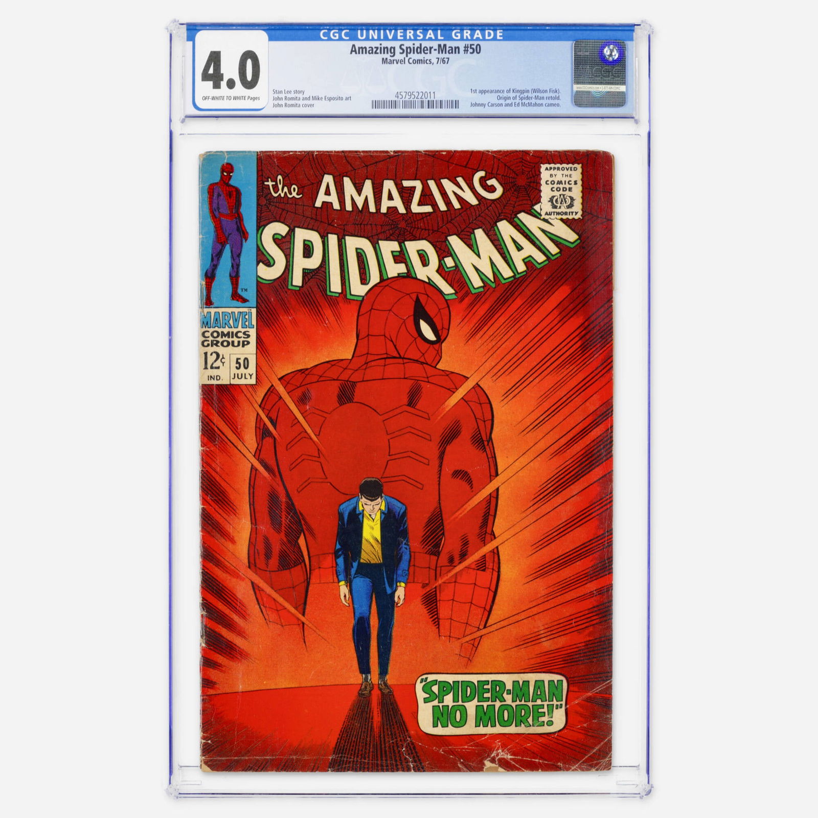 Marvel Comics Amazing Spider-Man #50 CGC 4.0: Marvel Comics Amazing Spider-Man #50 CGC 4.0 USA, 1967 This Silver Age classic features the first appearance of Kingpin (Wilson Fisk), the origin of Spider-Man retold, and Johnny Carson and Ed McMahon