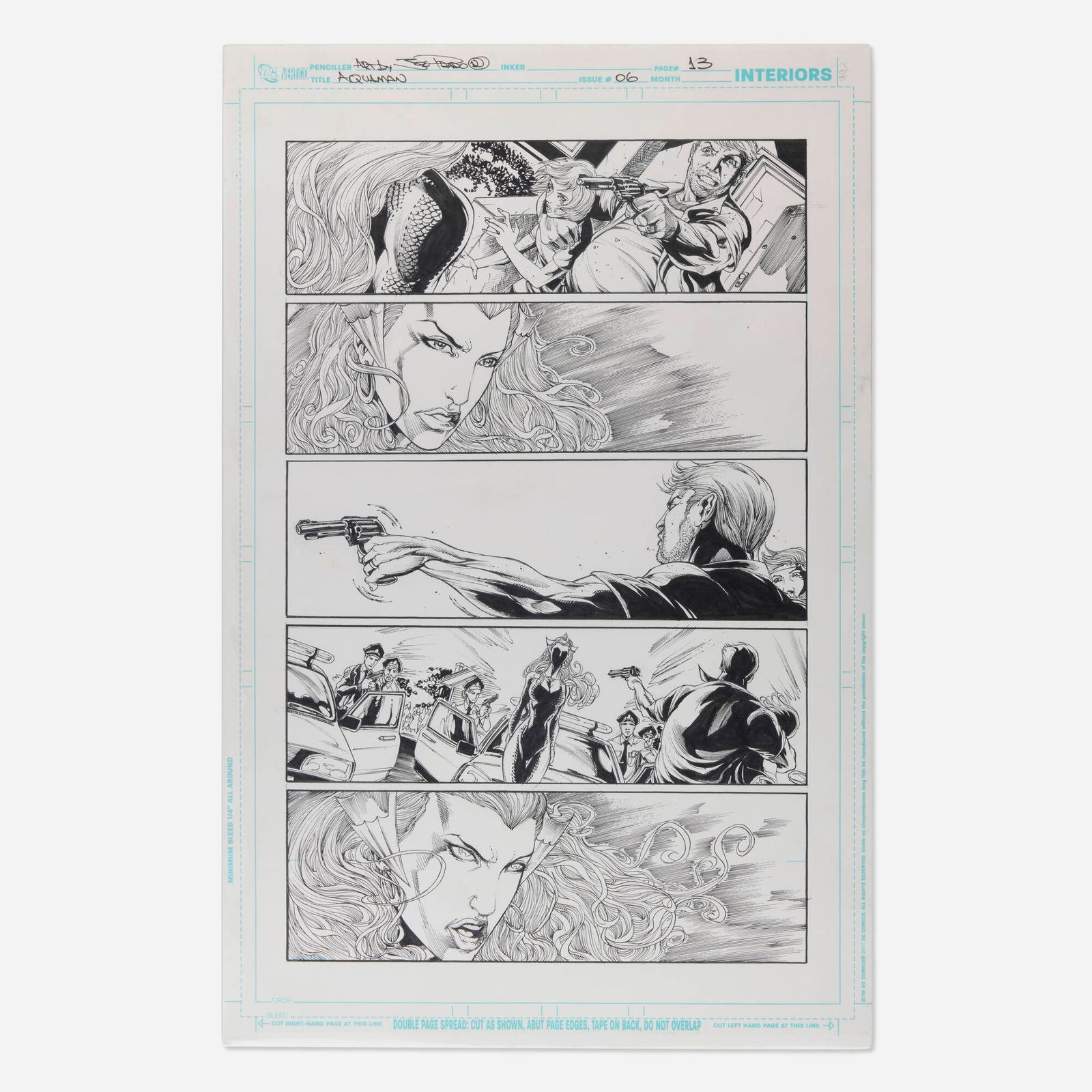 Ivan Reis and Joe Prado, Aquaman #6 Story Page 13 Original Art (DC Comics, 2011): Ivan Reis and Joe Prado Aquaman #6 Story Page 13 Original Art (DC Comics, 2011) blueline pencils and original inks on Bristol board 17 h x 11 w in (43 x 28 cm) Signed to upper margin 'Joe Prado'.