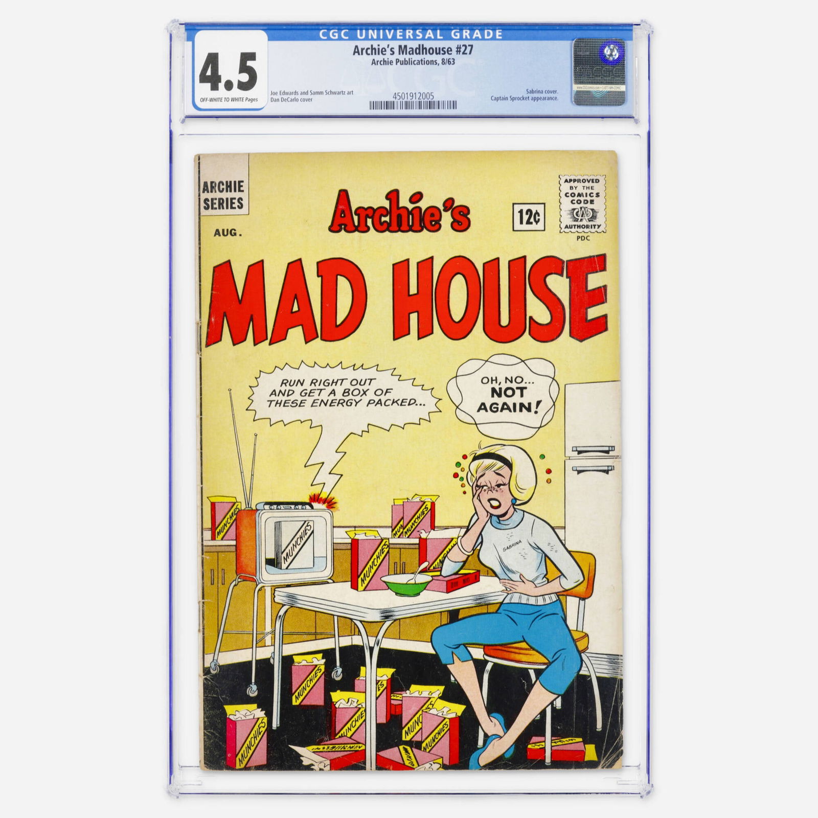 Archie Publications Archie's Madhouse #27 CGC 4.5: Archie Publications Archie's Madhouse #27 CGC 4.5 USA, 1963 This Silver Age humor book features a Sabrina cover and a Captain Sprocket appearance. The interior includes Joe Edwards and Samm Schwartz a