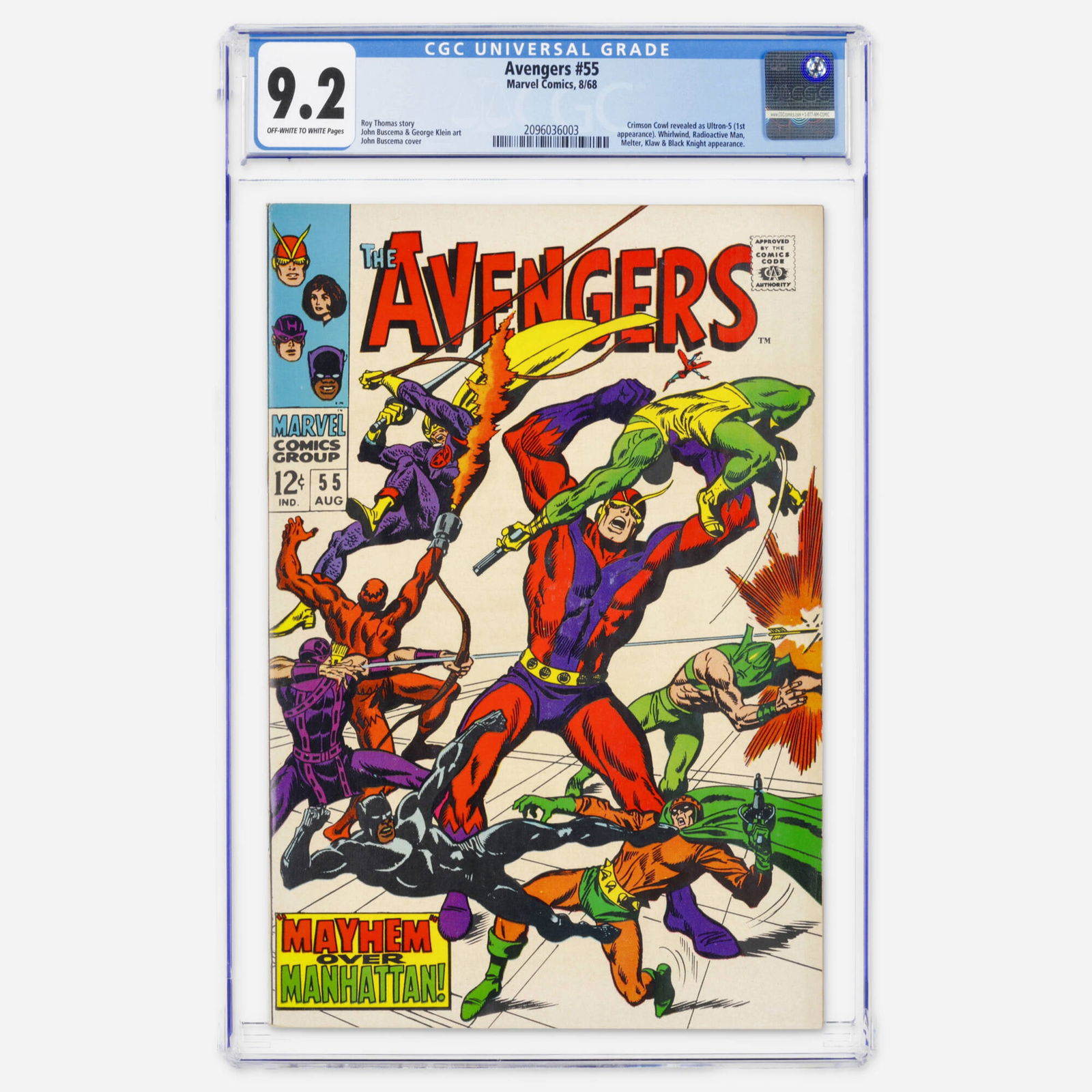 Marvel Comics Avengers #55 CGC 9.2: Marvel Comics Avengers #55 CGC 9.2 USA, 1968 This Silver Age key sees the Crimson Cowl revealed as Ultron-5 (first appearance) and features Whirlwind, Radioactive Man, Melter, Klaw and Black Knight ap