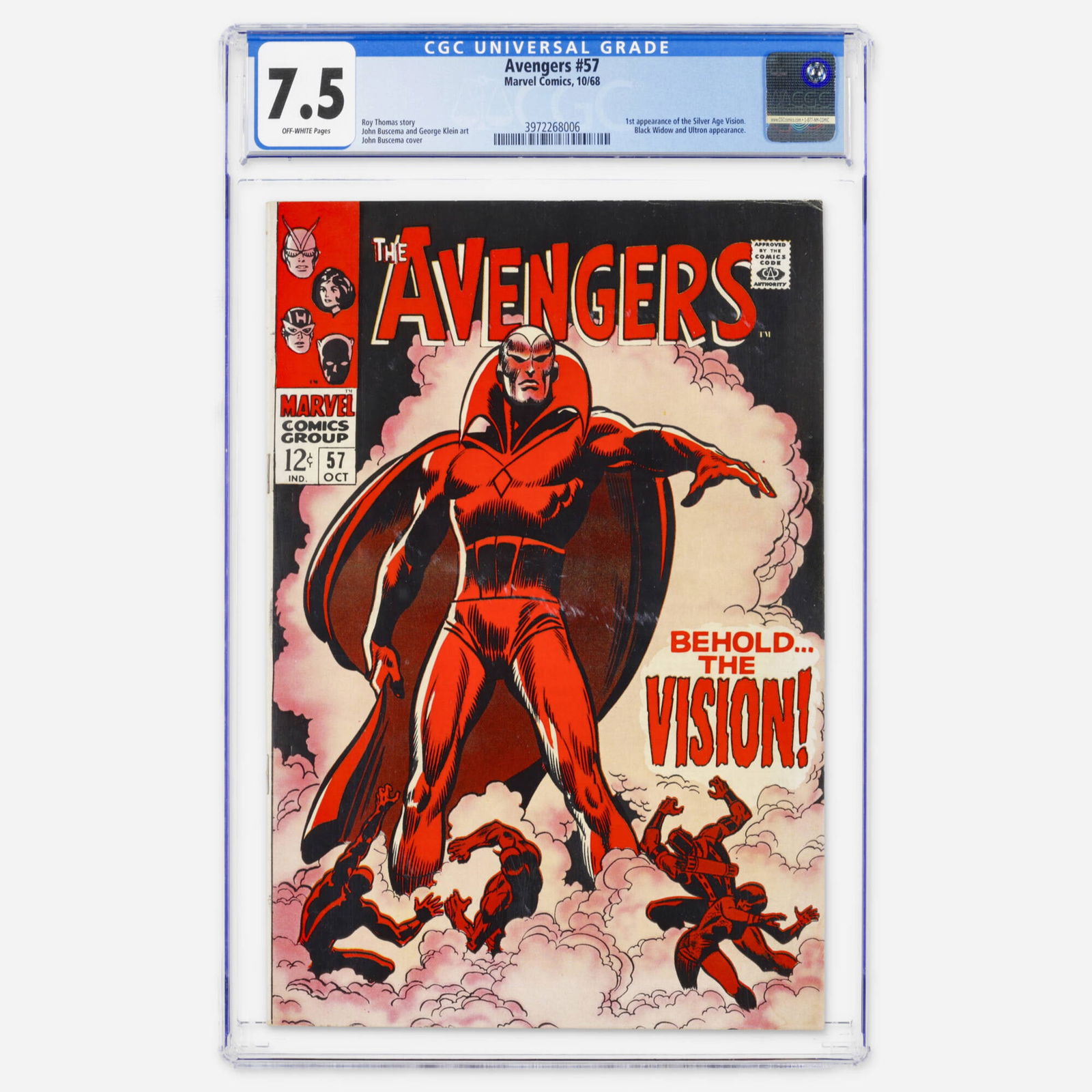Marvel Comics Avengers #57 CGC 7.5: Marvel Comics Avengers #57 CGC 7.5 USA, 1968 This Silver Age cornerstone features the first appearance of the Silver Age Vision, along with Black Widow and Ultron appearances. It is written by Roy Tho